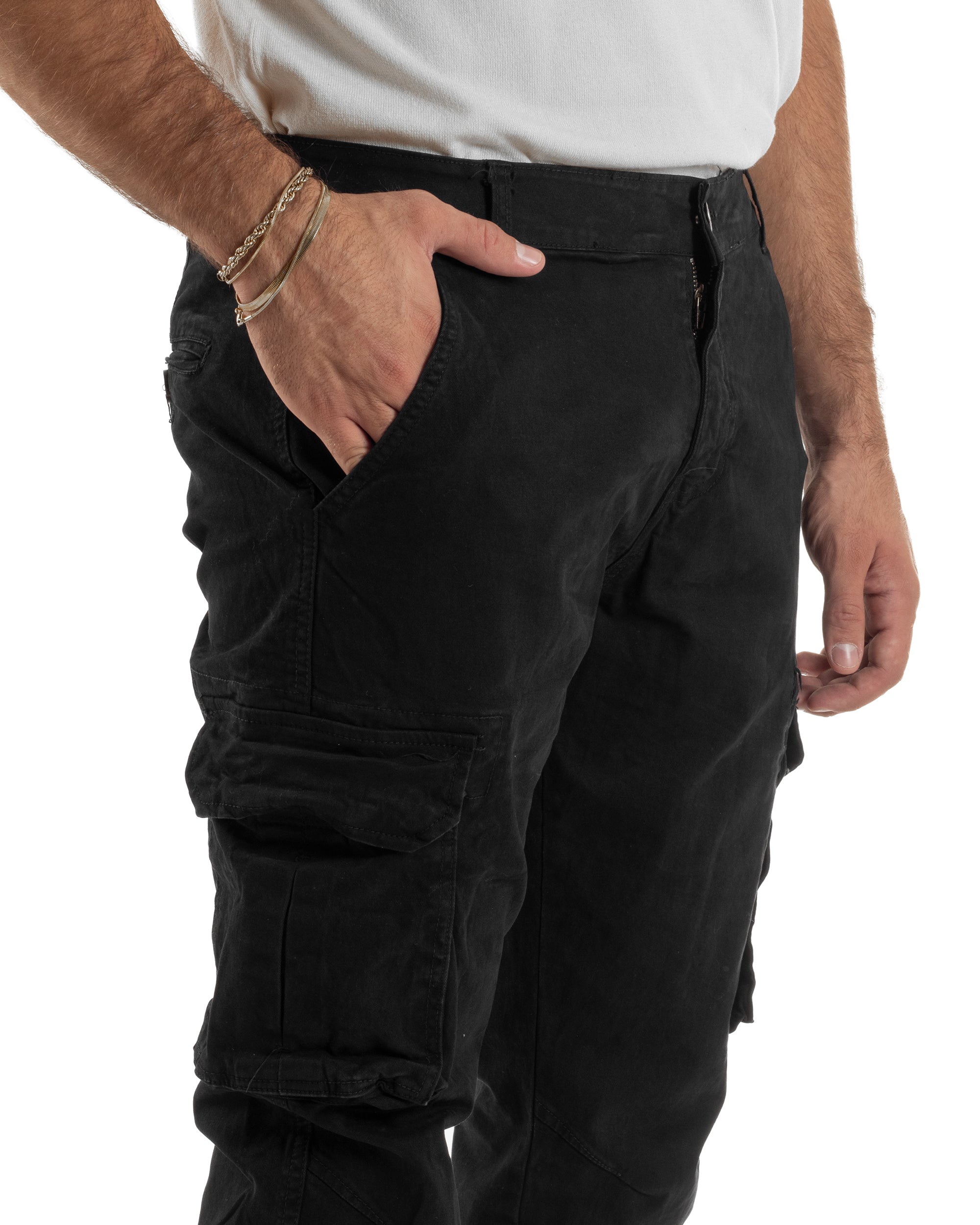 Pantaloni Uomo Cargo Cotone Casual Slim Fit Nero P6364A