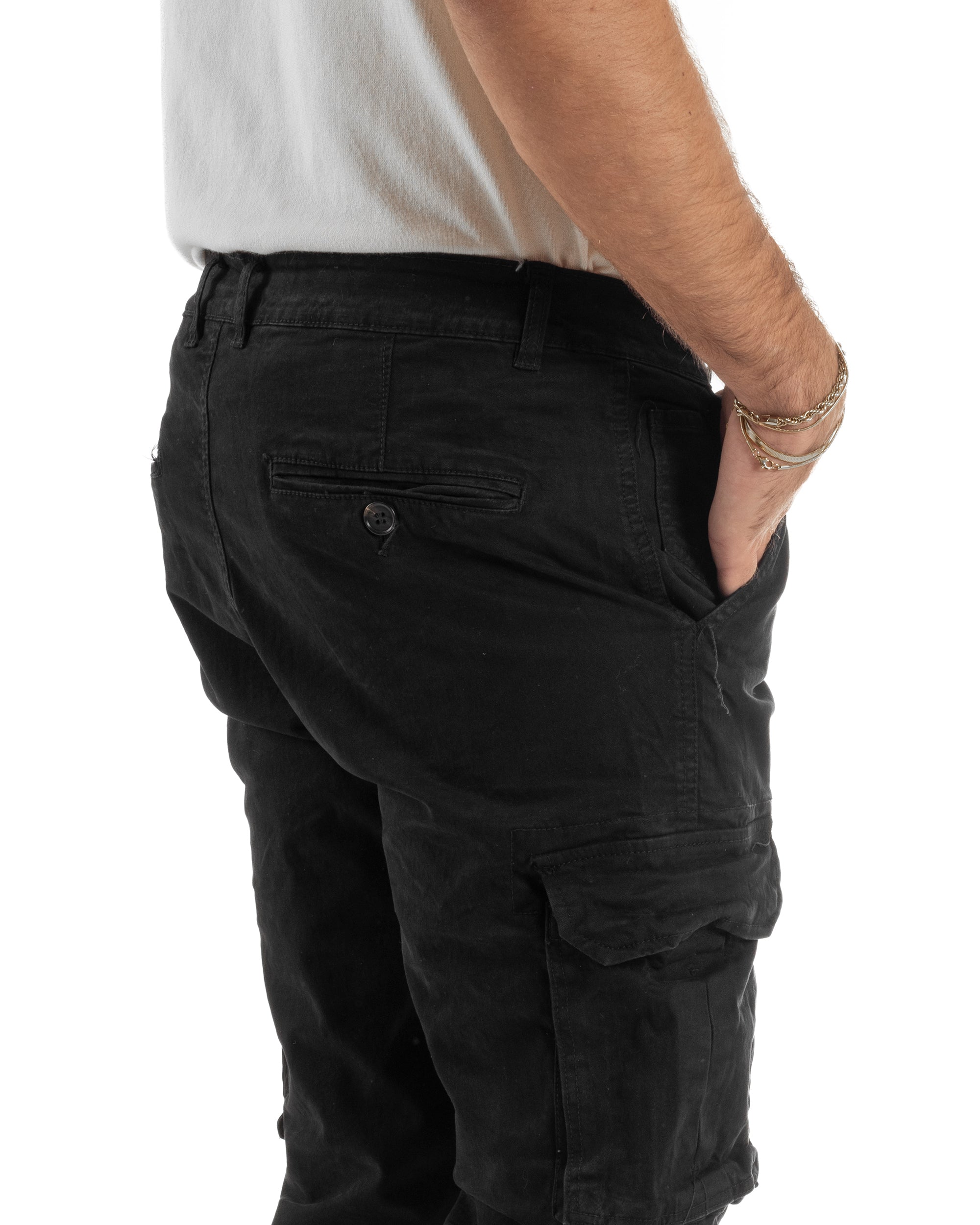 Pantaloni Uomo Cargo Cotone Casual Slim Fit Nero P6364A