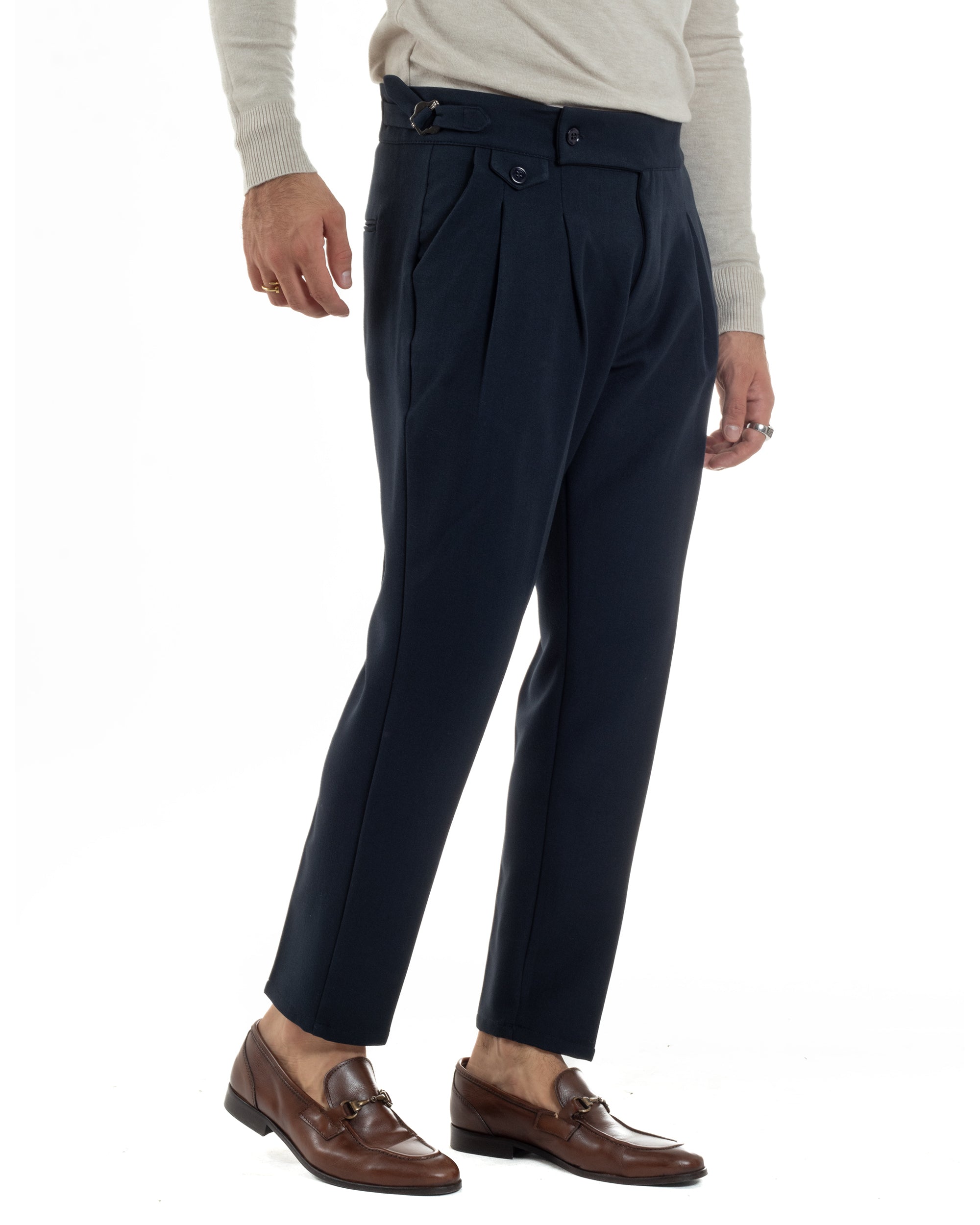 Pantaloni Uomo Classico Con Pinces Viscosa Vita Alta Gurkha Pants Fibbie Blu P6367A