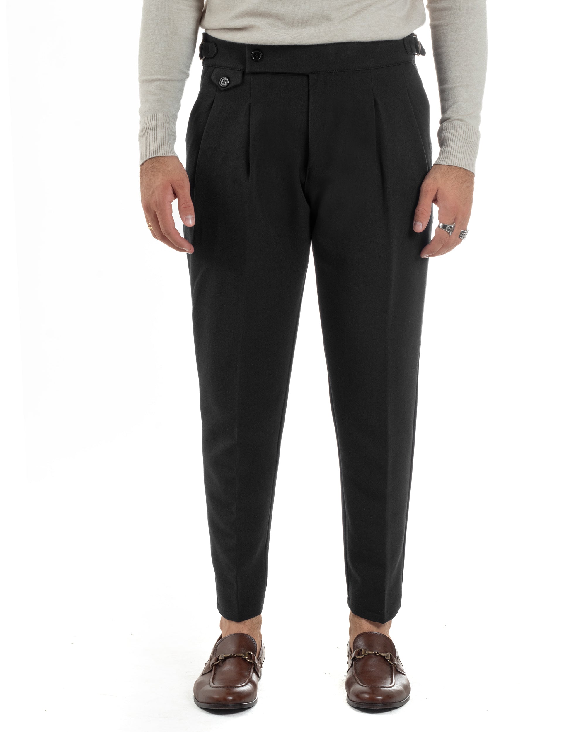 Pantaloni Uomo Classico Con Pinces Viscosa Vita Alta Gurkha Pants Fibbie Nero P6370A