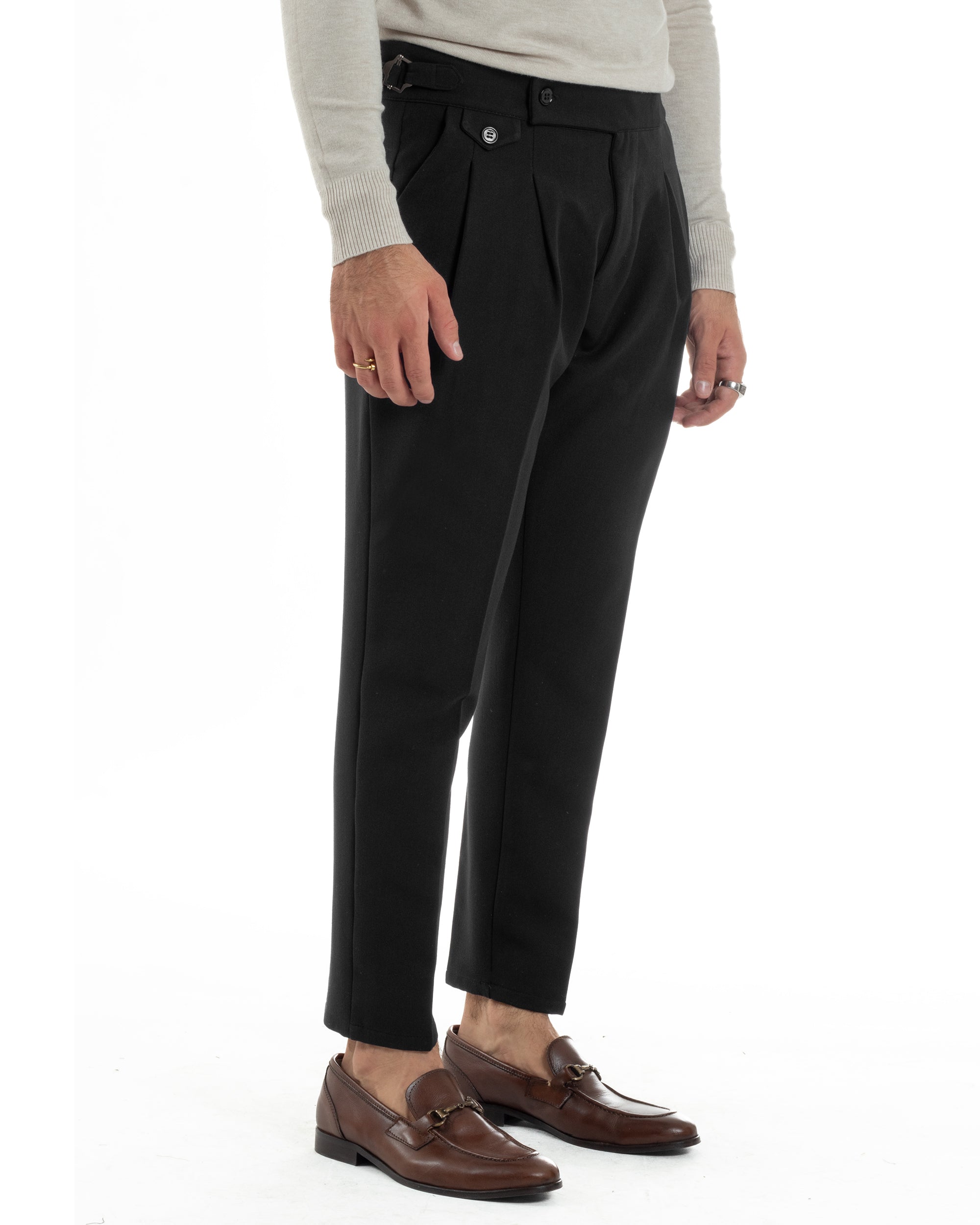 Pantaloni Uomo Classico Con Pinces Viscosa Vita Alta Gurkha Pants Fibbie Nero P6370A