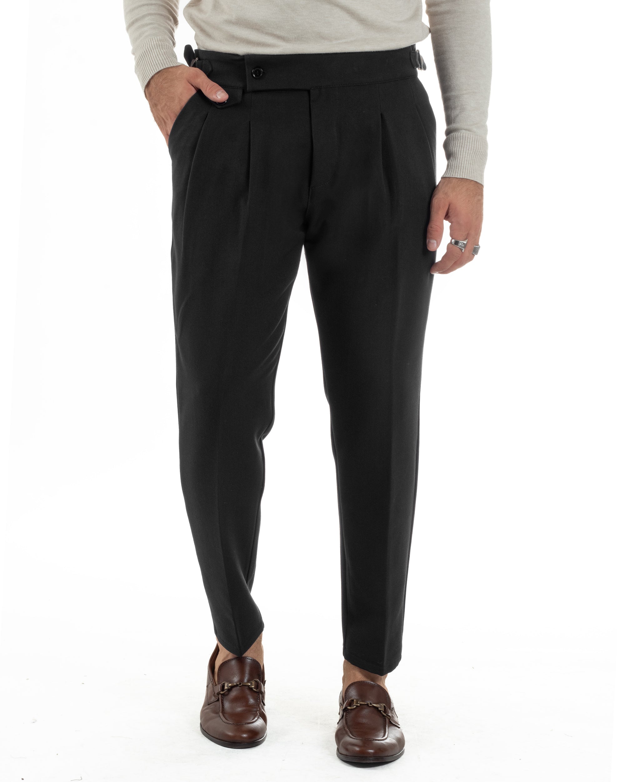 Pantaloni Uomo Classico Con Pinces Viscosa Vita Alta Gurkha Pants Fibbie Nero P6370A