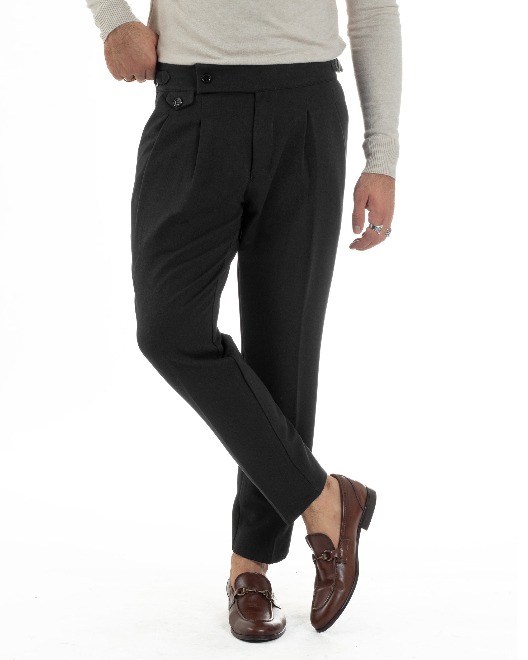Pantaloni Uomo Classico Con Pinces Viscosa Vita Alta Gurkha Pants Fibbie Nero P6370A