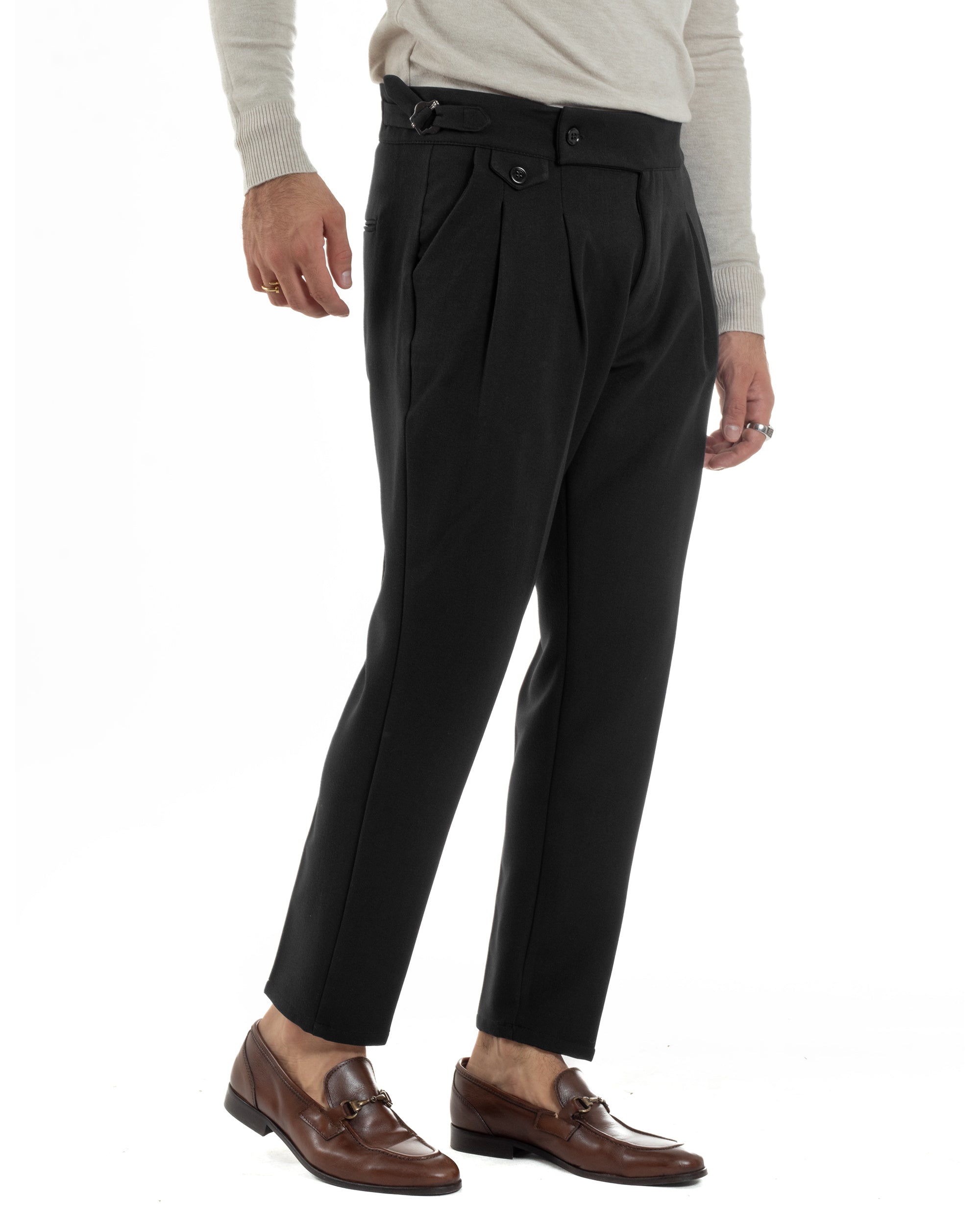 Pantaloni Uomo Classico Con Pinces Viscosa Vita Alta Gurkha Pants Fibbie Nero P6370A