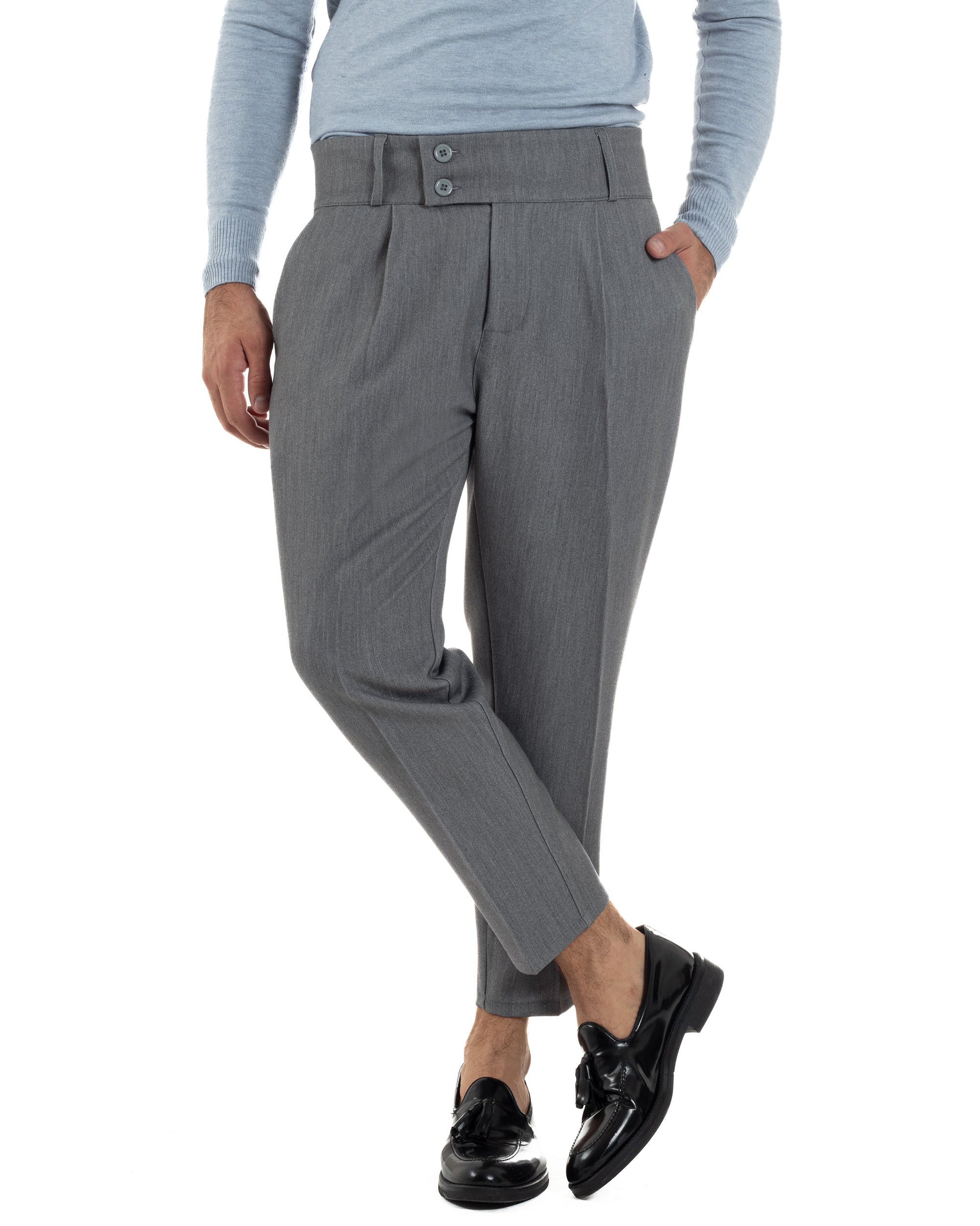 Pantaloni Uomo Viscosa Vita Alta Con Pinces Classico Casual Grigio P6372A