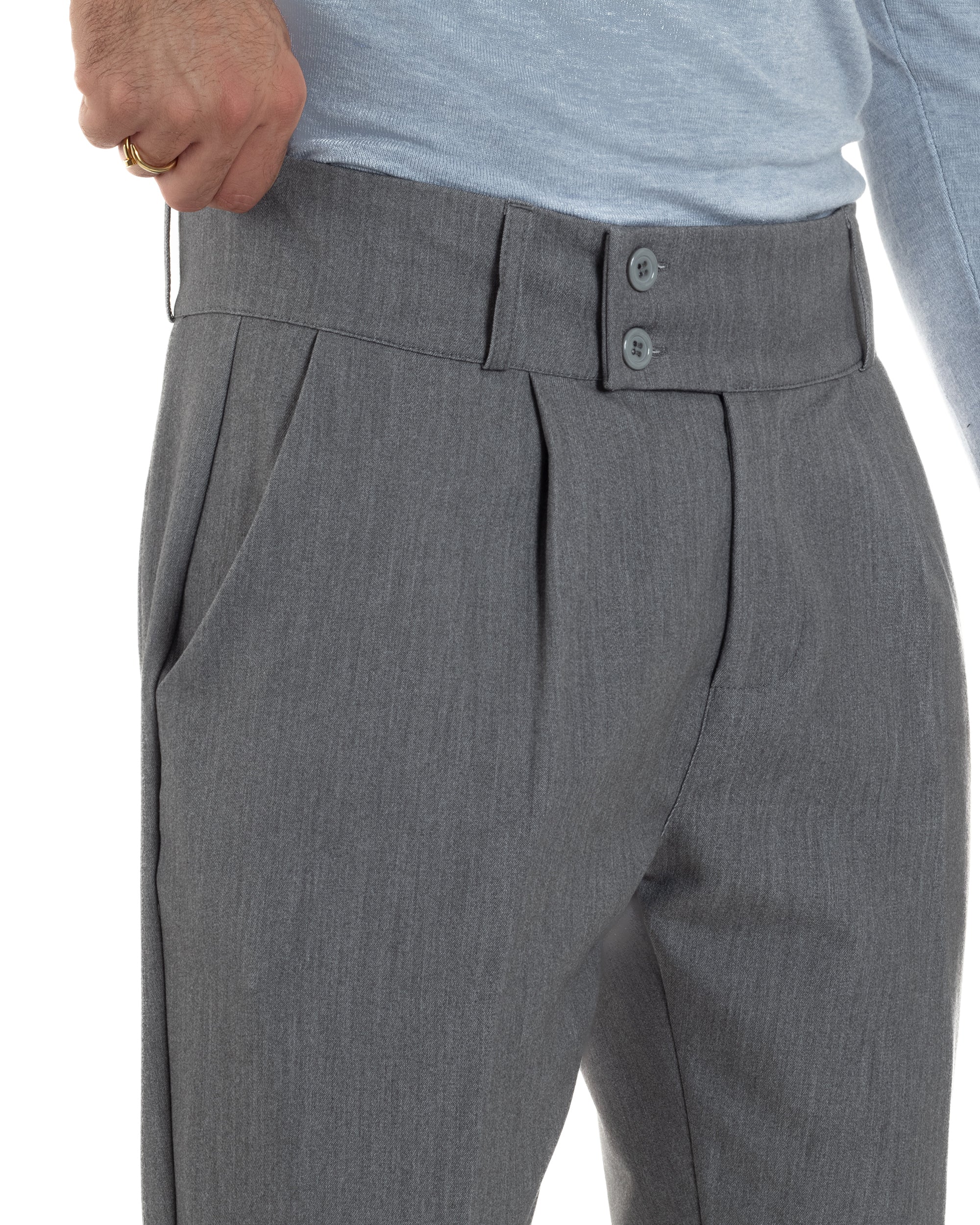 Pantaloni Uomo Viscosa Vita Alta Con Pinces Classico Casual Grigio P6372A