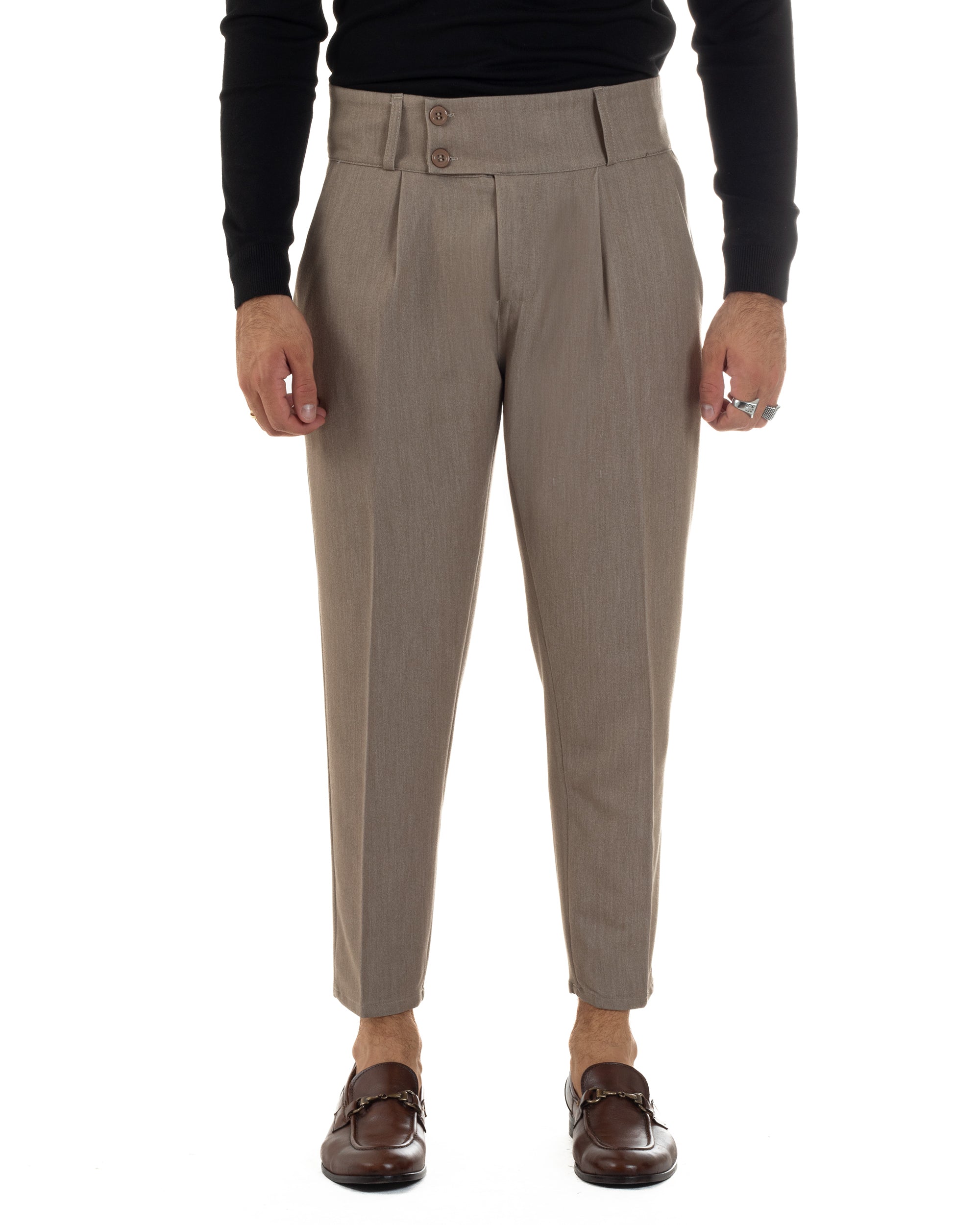Pantaloni Uomo Viscosa Vita Alta Con Pinces Classico Casual Beige Melangiato P6374A