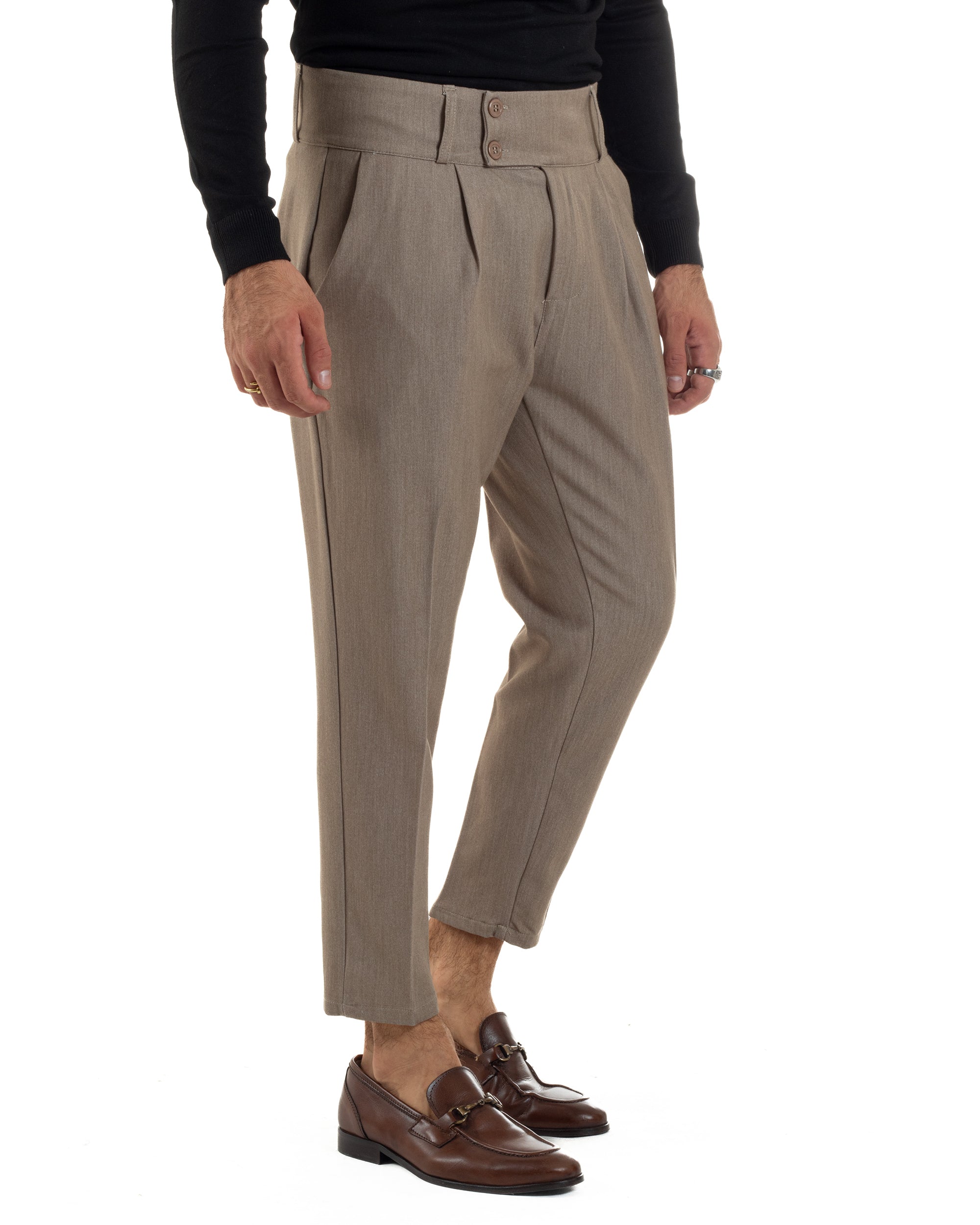Pantaloni Uomo Viscosa Vita Alta Con Pinces Classico Casual Beige Melangiato P6374A