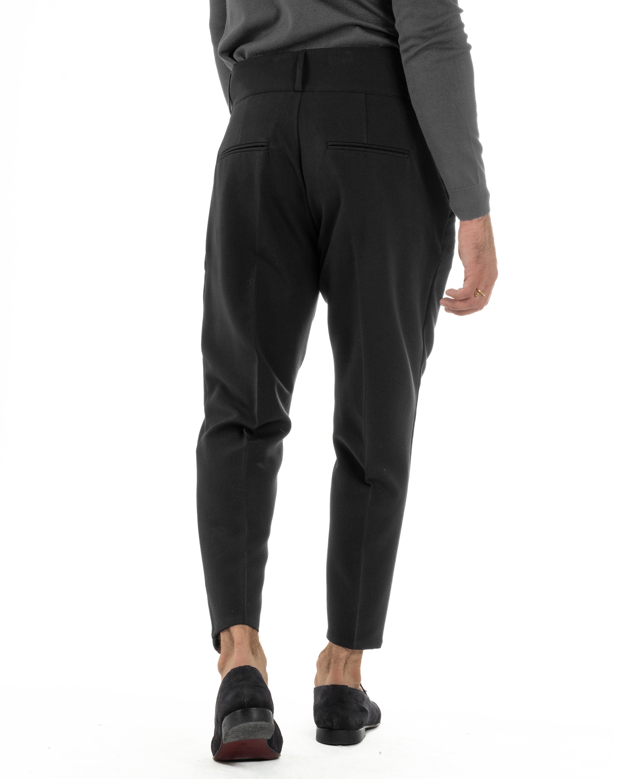 Pantaloni Uomo Viscosa Vita Alta Con Pinces Classico Casual Nero P6375A