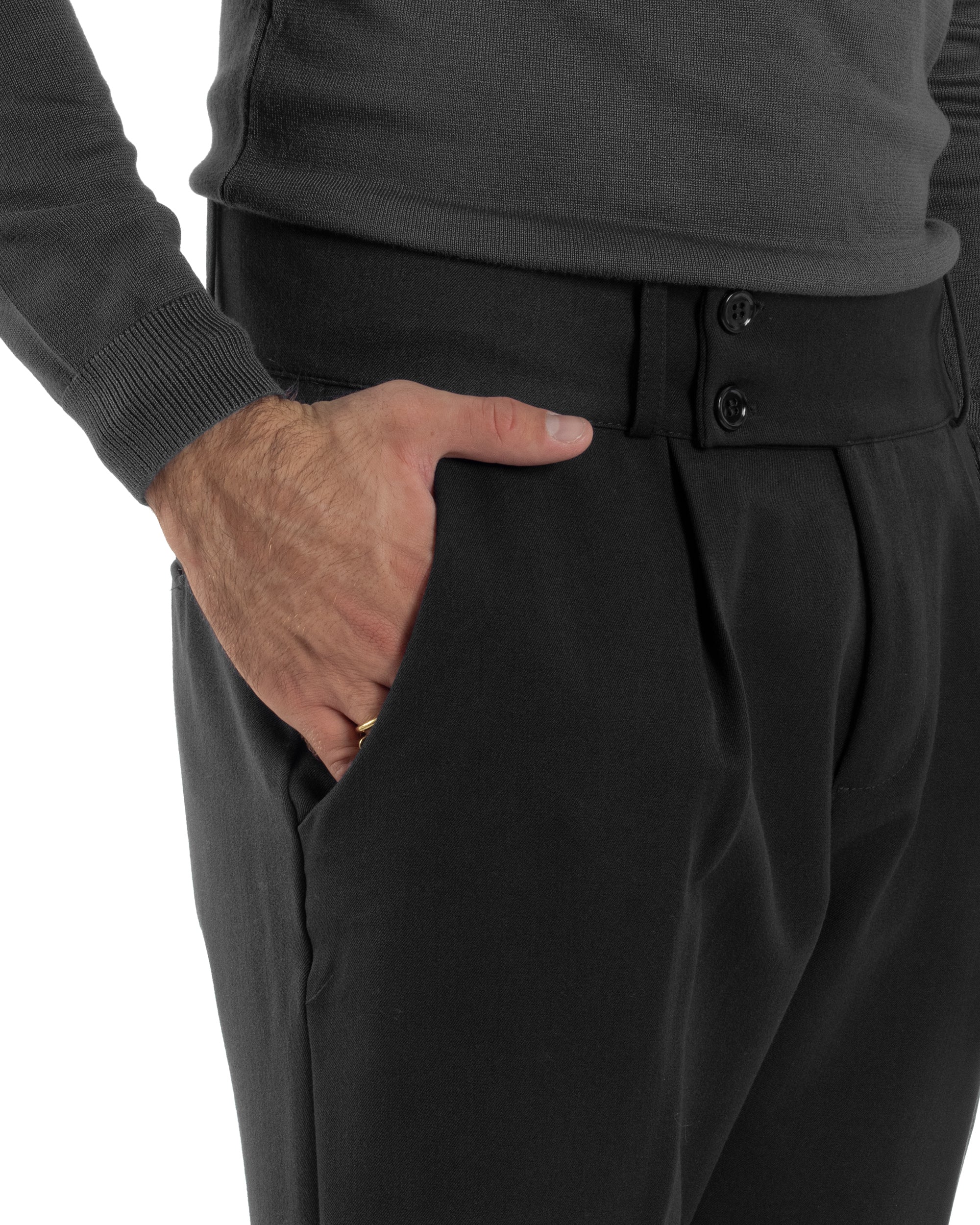 Pantaloni Uomo Viscosa Vita Alta Con Pinces Classico Casual Nero P6375A