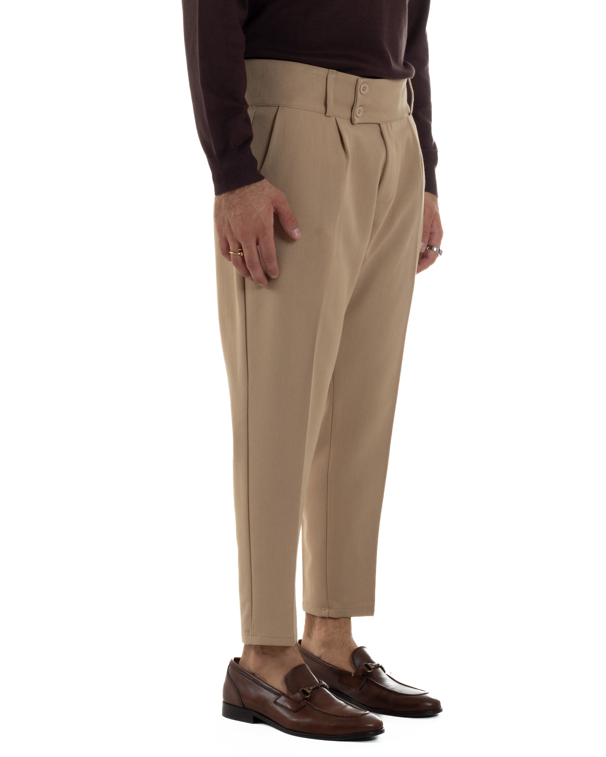Pantaloni Uomo Viscosa Vita Alta Con Pinces Classico Casual Beige P6376A