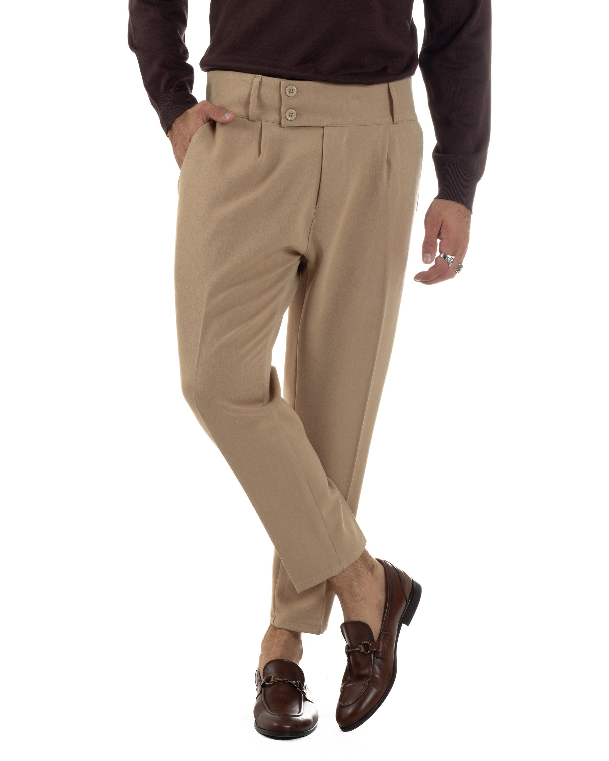 Pantaloni Uomo Viscosa Vita Alta Con Pinces Classico Casual Beige P6376A