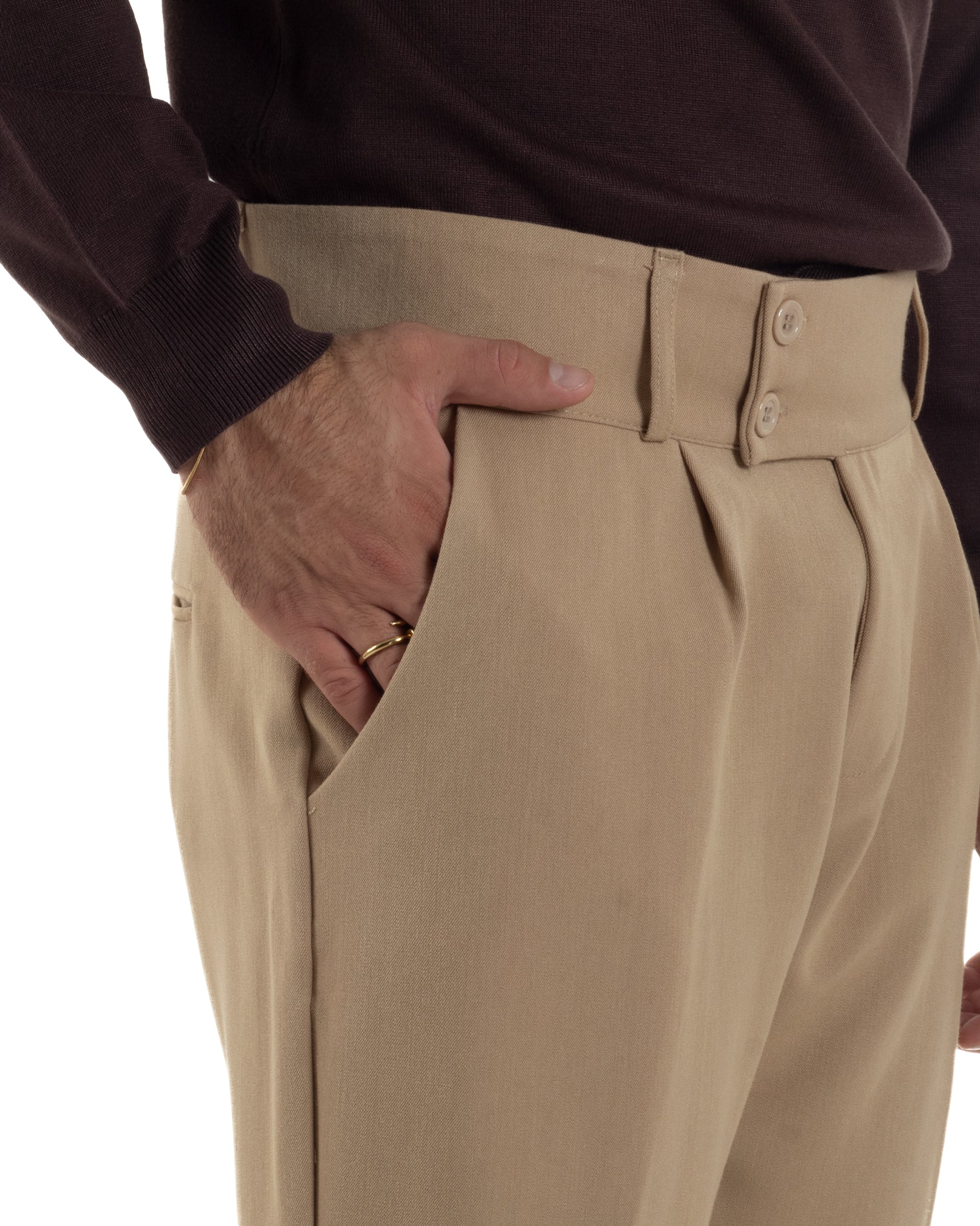Pantaloni Uomo Viscosa Vita Alta Con Pinces Classico Casual Beige P6376A