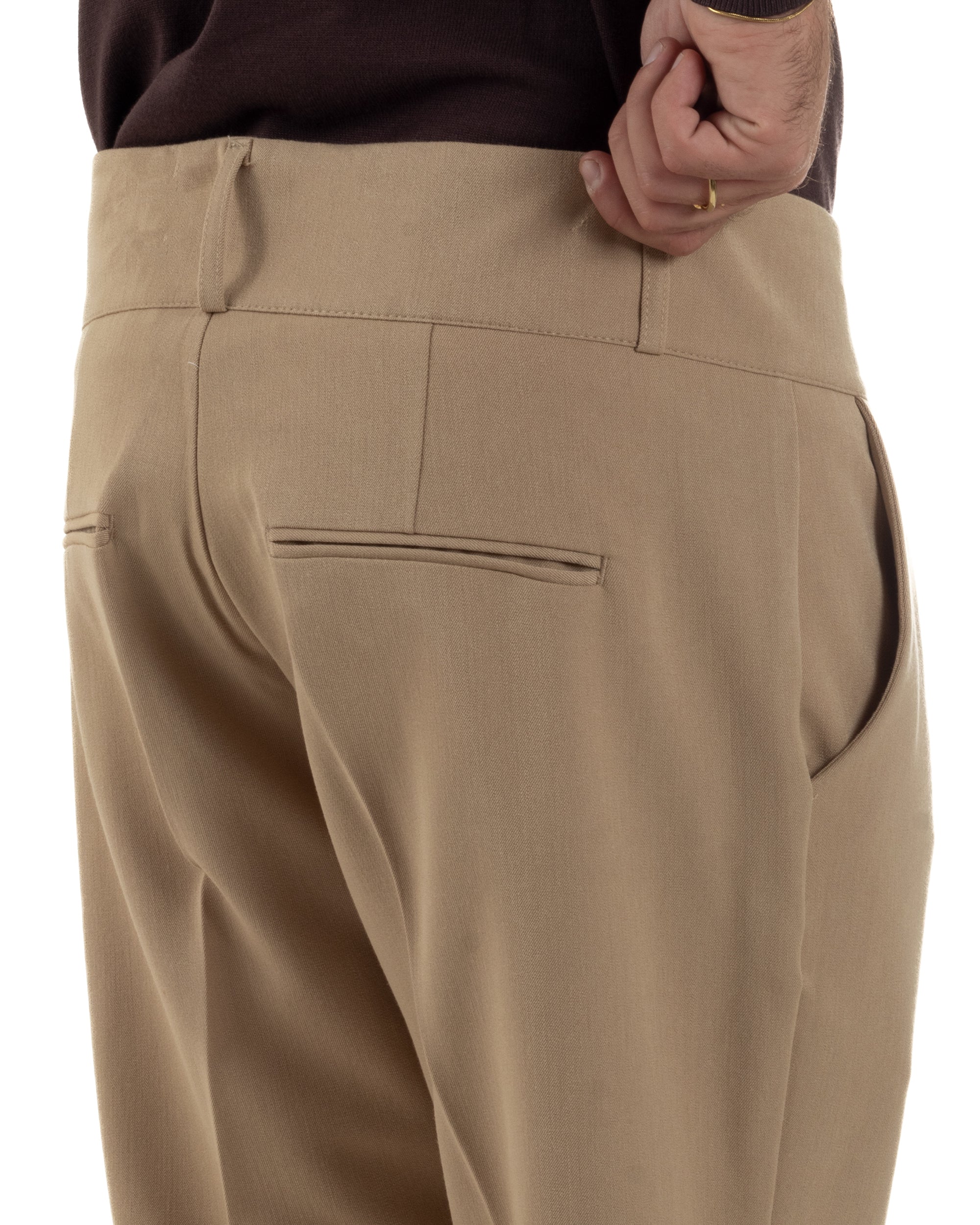 Pantaloni Uomo Viscosa Vita Alta Con Pinces Classico Casual Beige P6376A