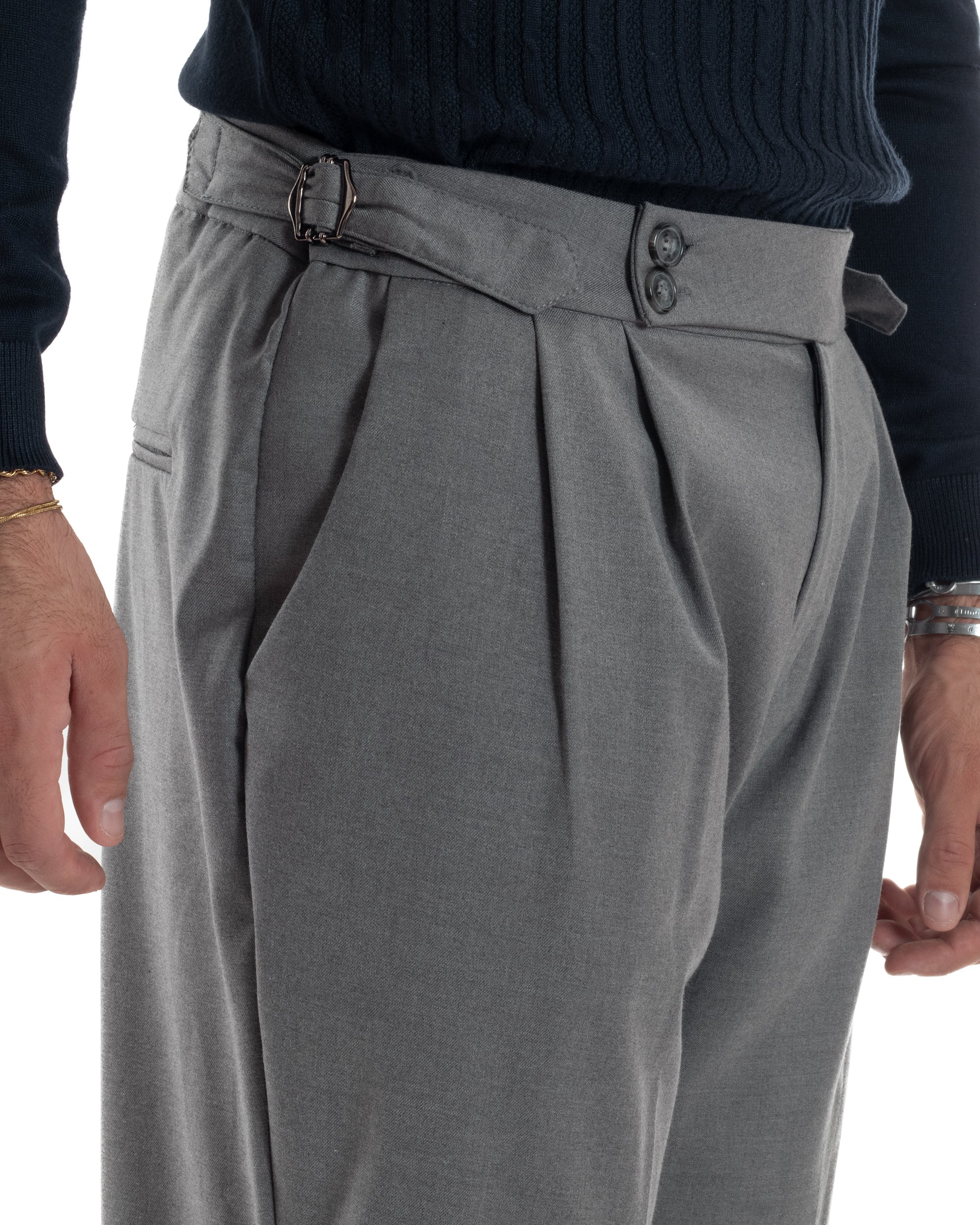 Pantaloni Uomo Viscosa Fibbia Abbottonatura Allungata Gurkha Pants Grigio BlackSunday P6378A