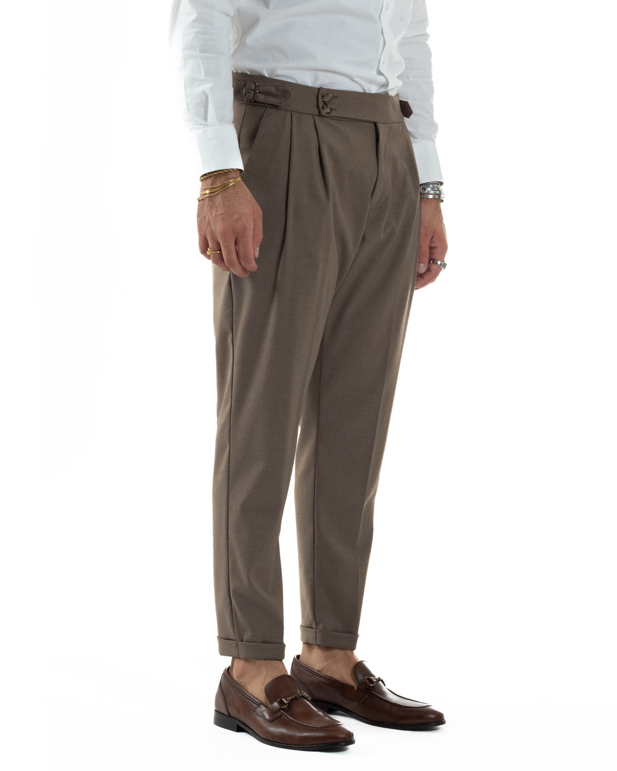 Pantalones de hombre de viscosa con hebilla y abotonadura alargada, pantalones Gurkha marrones BlackSunday P6380A