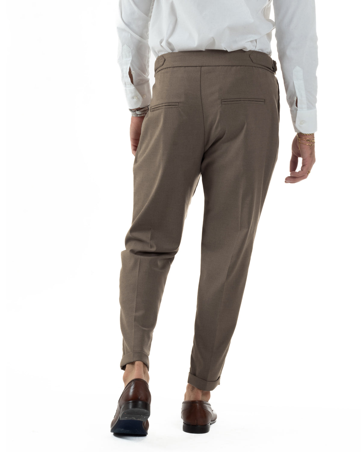 Pantalones de hombre de viscosa con hebilla y abotonadura alargada, pantalones Gurkha marrones BlackSunday P6380A