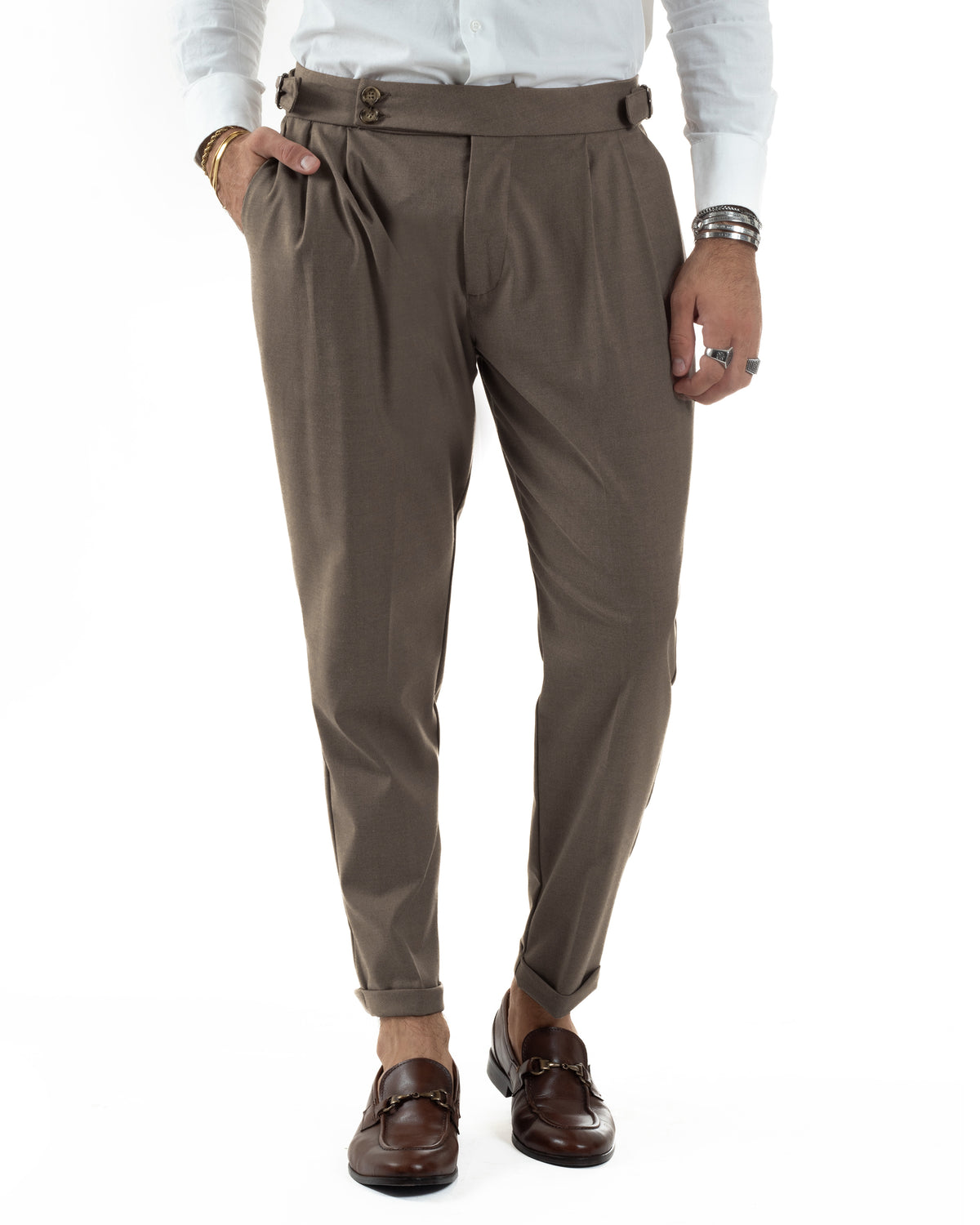 Pantalones de hombre de viscosa con hebilla y abotonadura alargada, pantalones Gurkha marrones BlackSunday P6380A