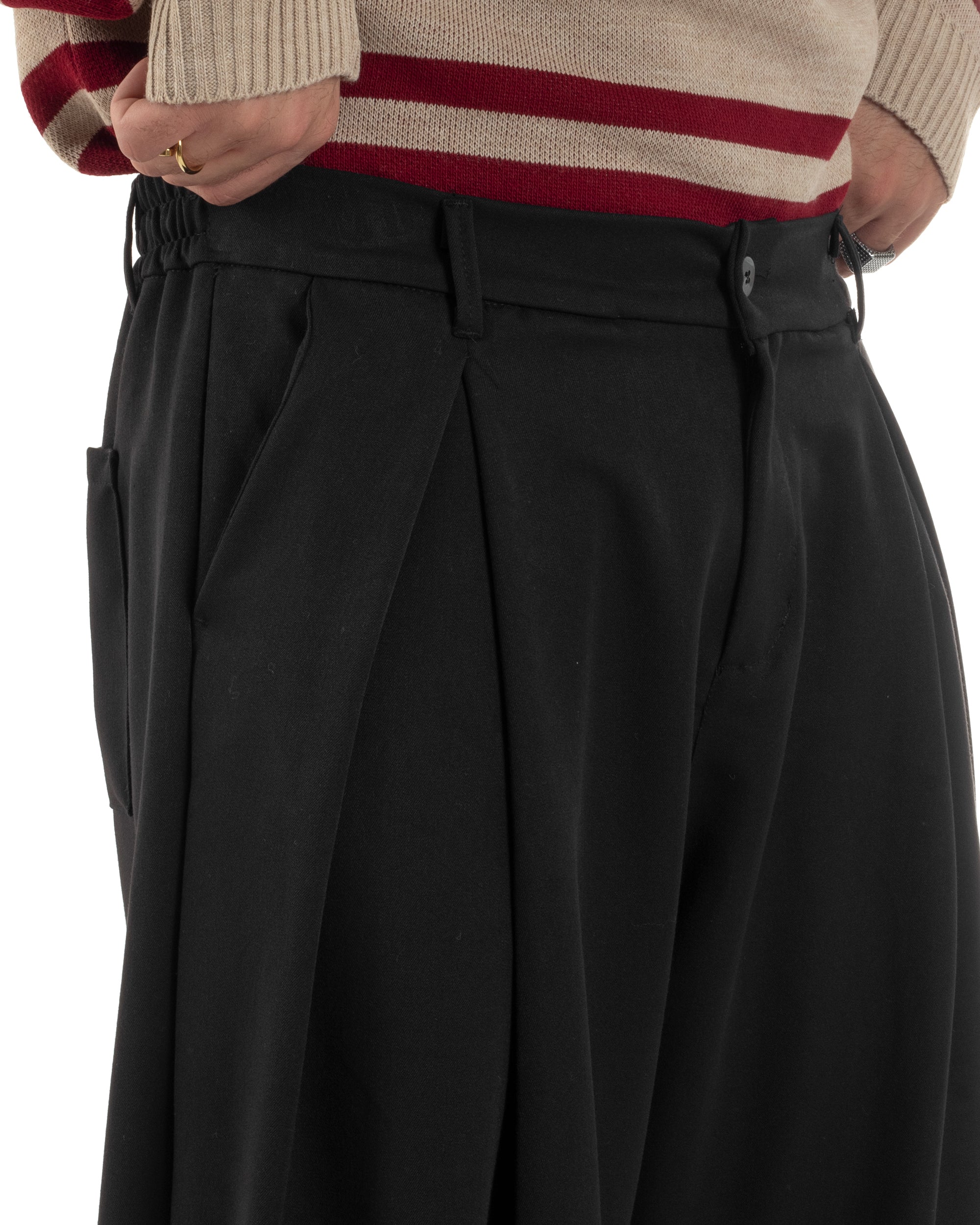 Pantaloni Uomo Viscosa Baggy Wide Fit Pinces Nero P6383A