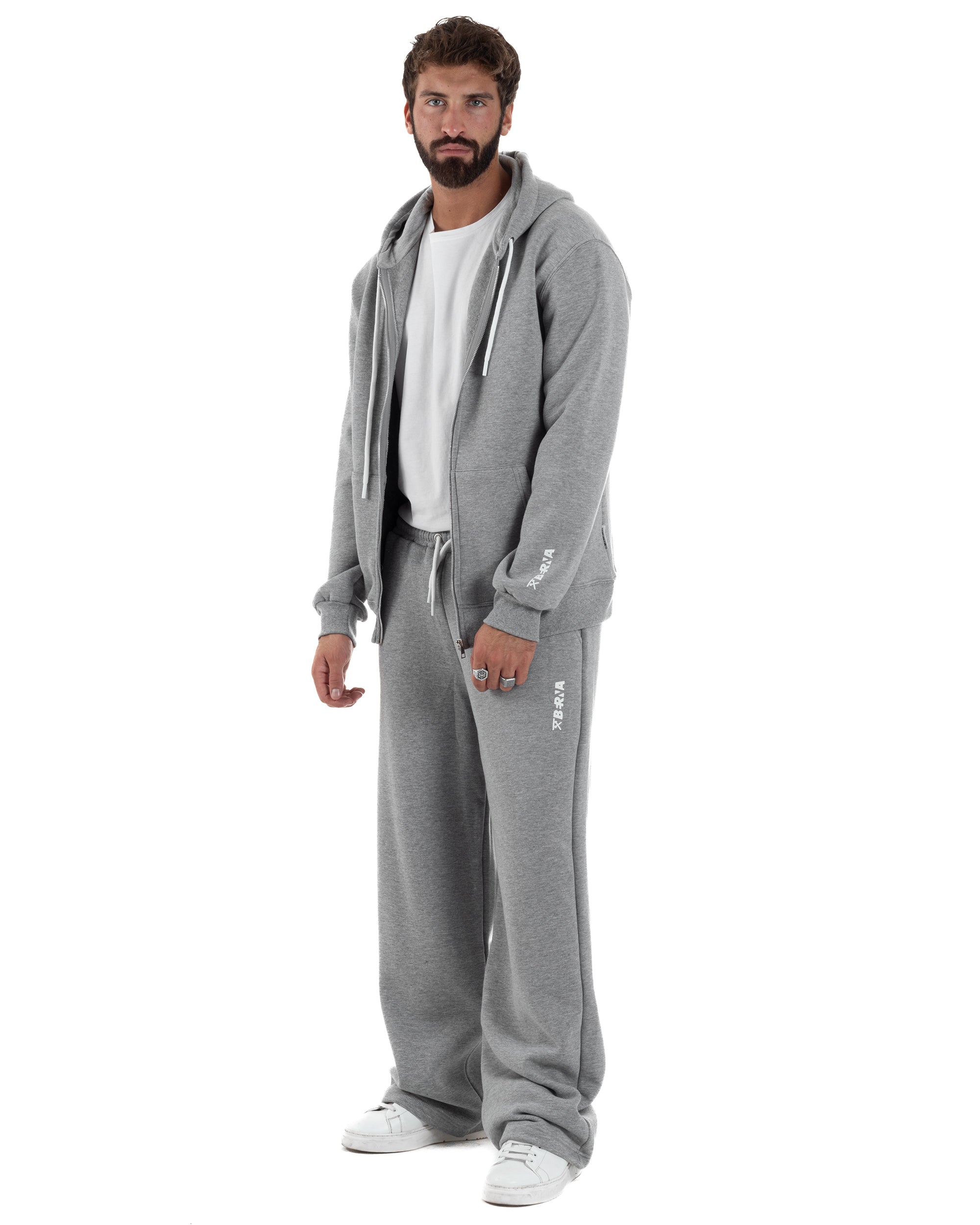 Pantaloni Tuta Baggy Fondo Largo Felpato Logo Grigio Berna M-252196