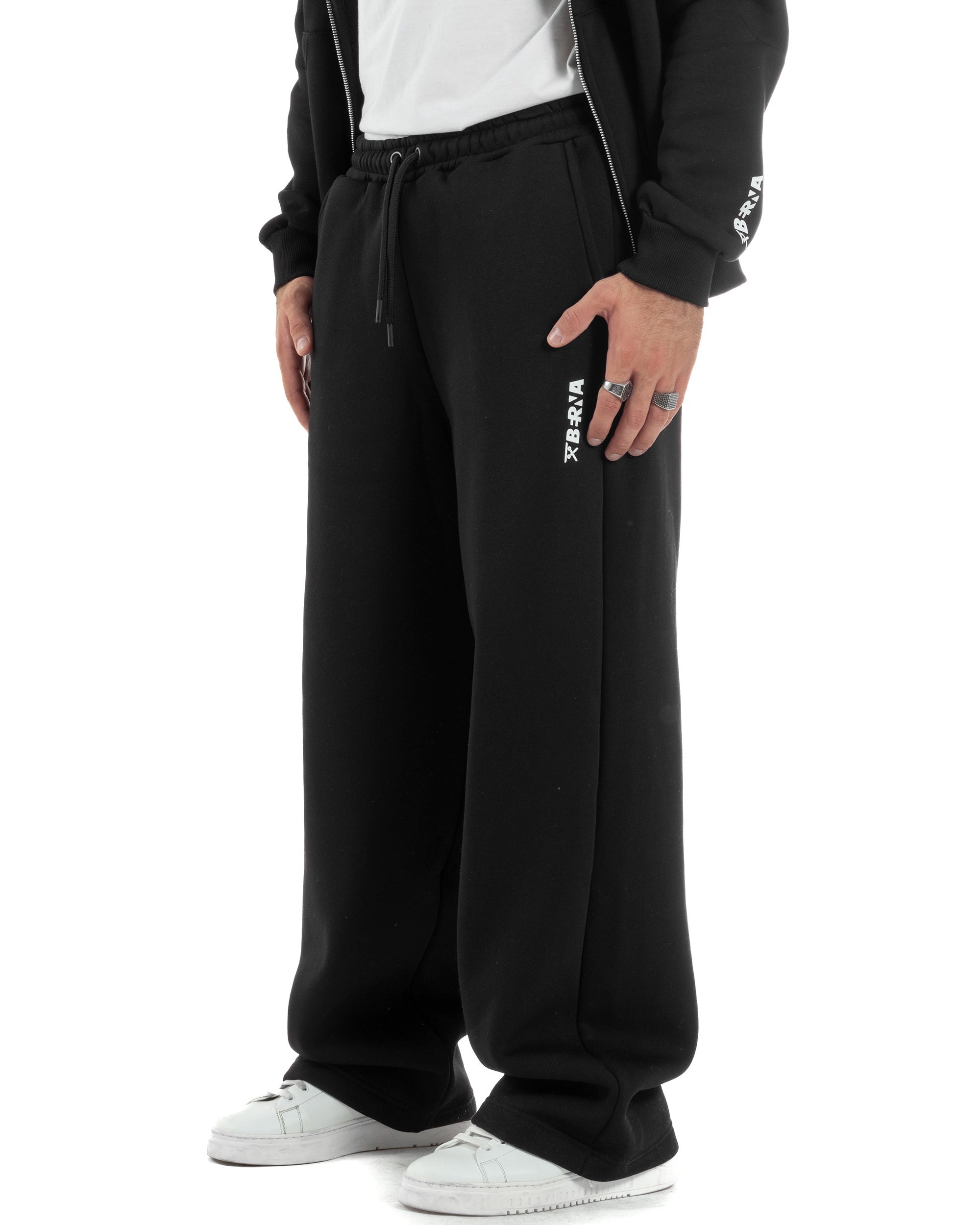 Pantaloni Tuta Baggy Fondo Largo Felpato Logo Nero Berna M-252196