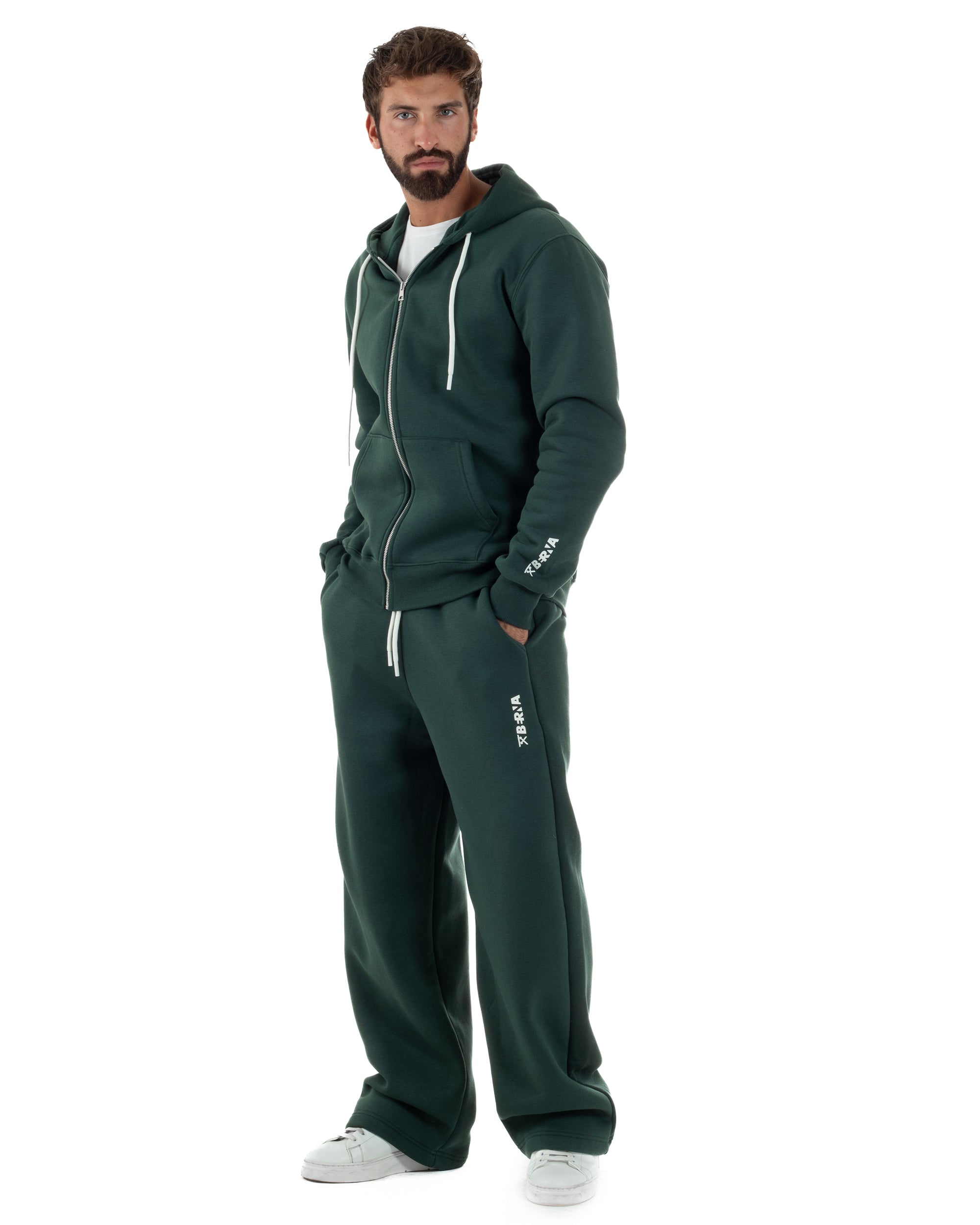 Pantaloni Tuta Baggy Fondo Largo Felpato Logo Verde Berna M-252196
