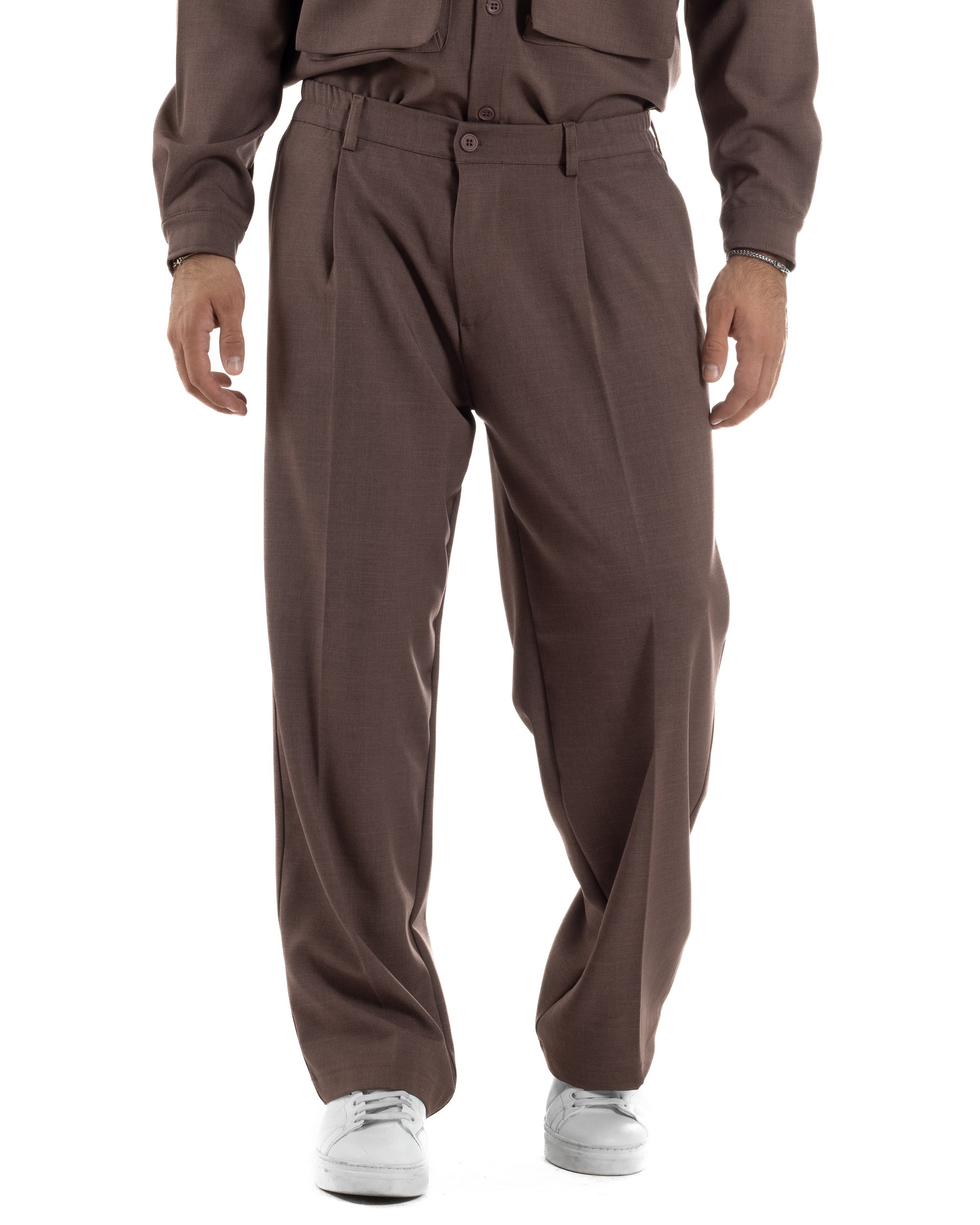 Pantaloni Uomo Viscosa Palazzo Fondo Ampio Baggy Pinces Marrone P6404A