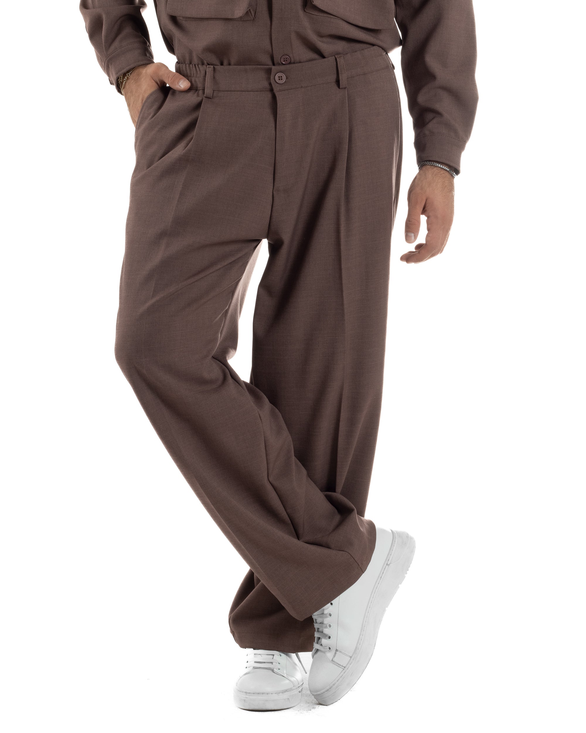 Pantaloni Uomo Viscosa Palazzo Fondo Ampio Baggy Pinces Marrone P6404A