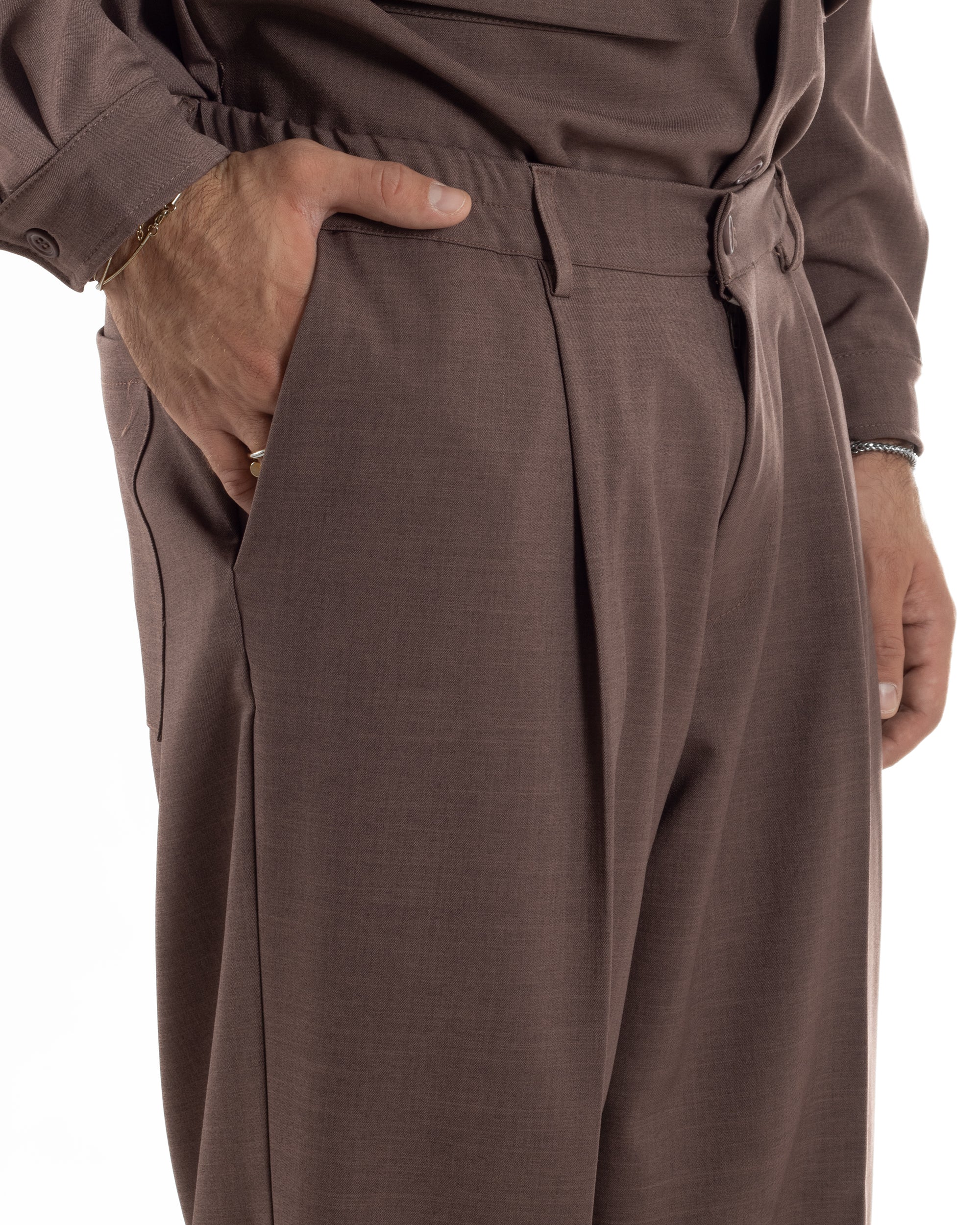 Pantaloni Uomo Viscosa Palazzo Fondo Ampio Baggy Pinces Marrone P6404A