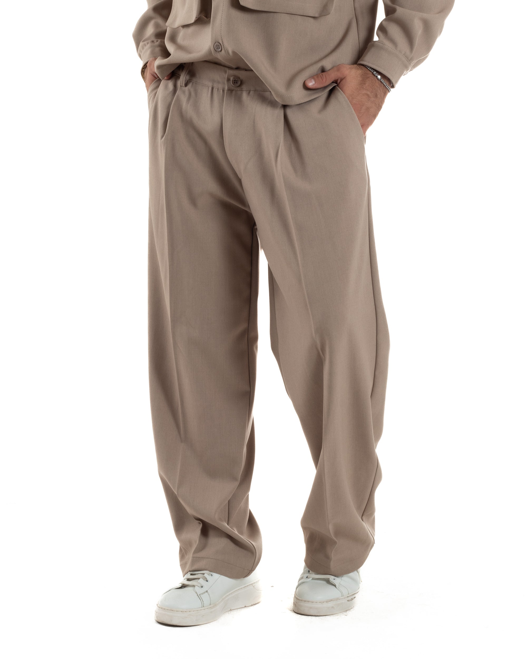 Pantaloni Uomo Viscosa Palazzo Fondo Ampio Baggy Pinces Beige P6405A