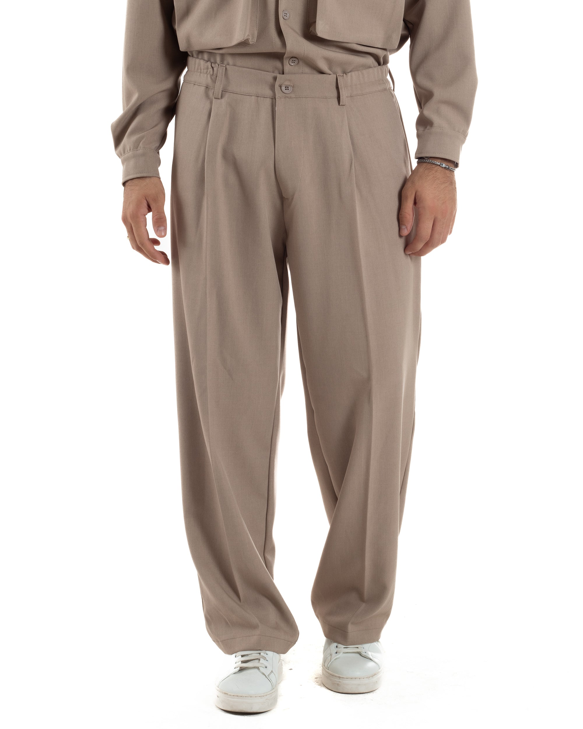 Pantaloni Uomo Viscosa Palazzo Fondo Ampio Baggy Pinces Beige P6405A