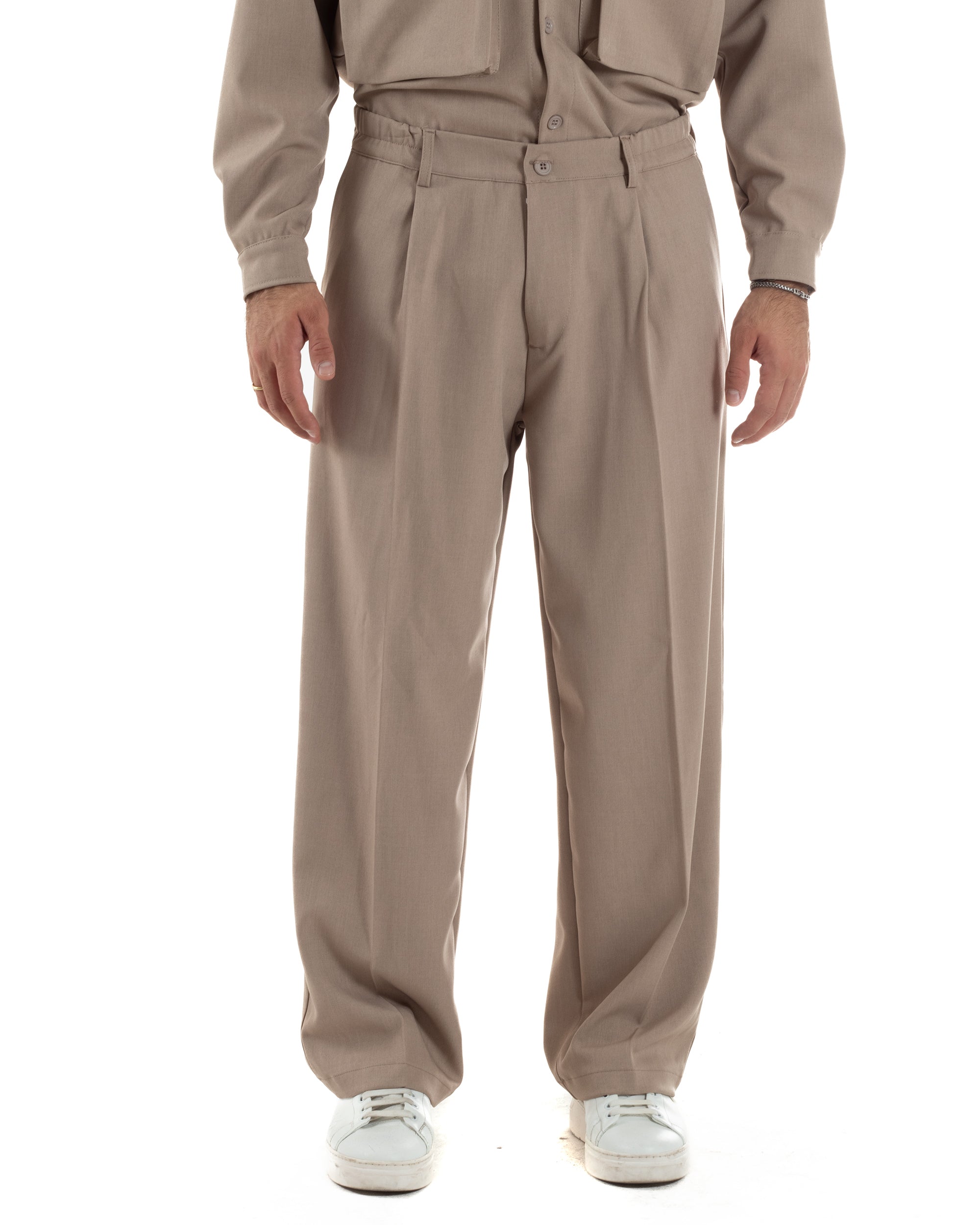 Pantaloni Uomo Viscosa Palazzo Fondo Ampio Baggy Pinces Beige P6405A