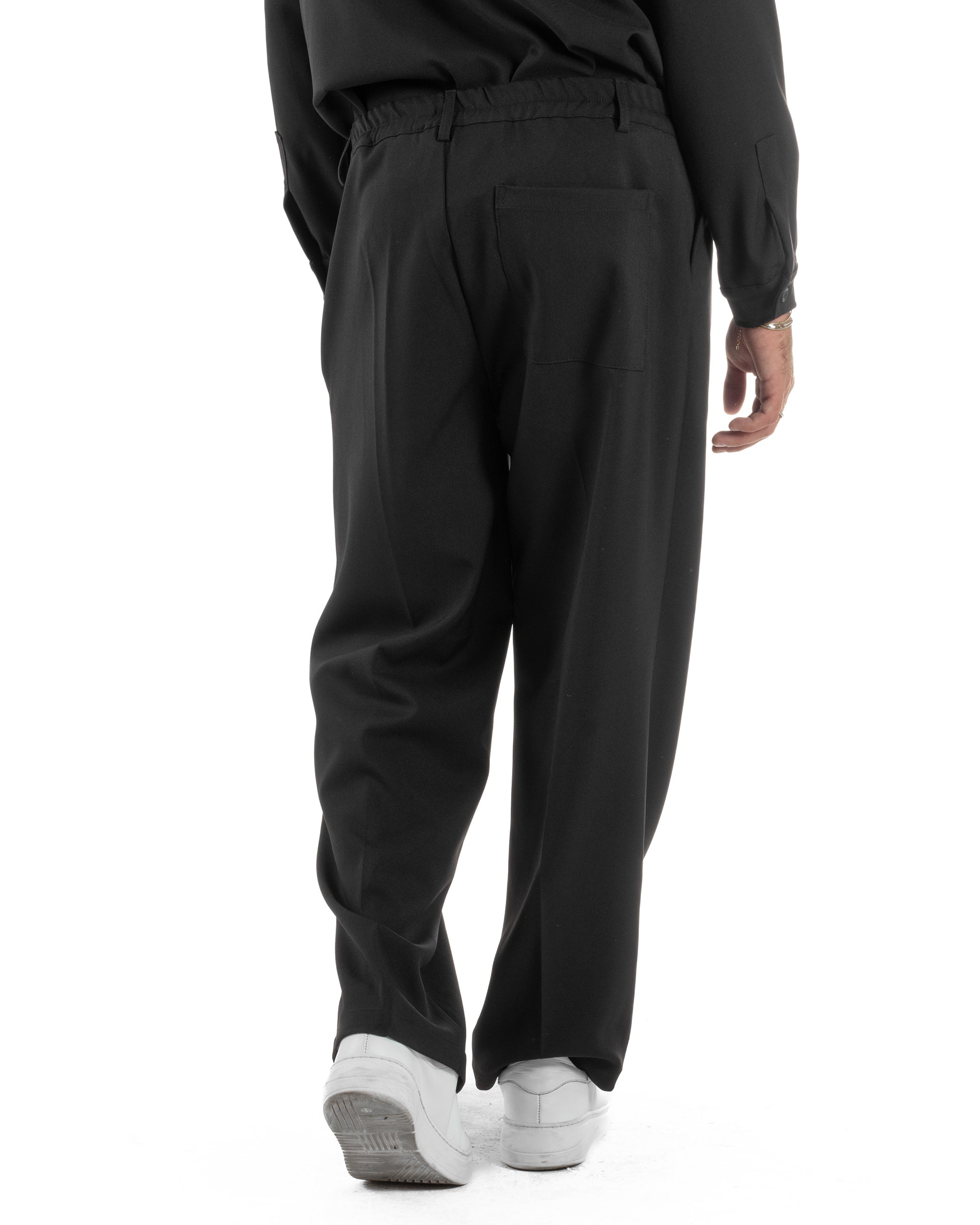 Pantaloni Uomo Viscosa Palazzo Fondo Ampio Baggy Pinces Nero P6406A