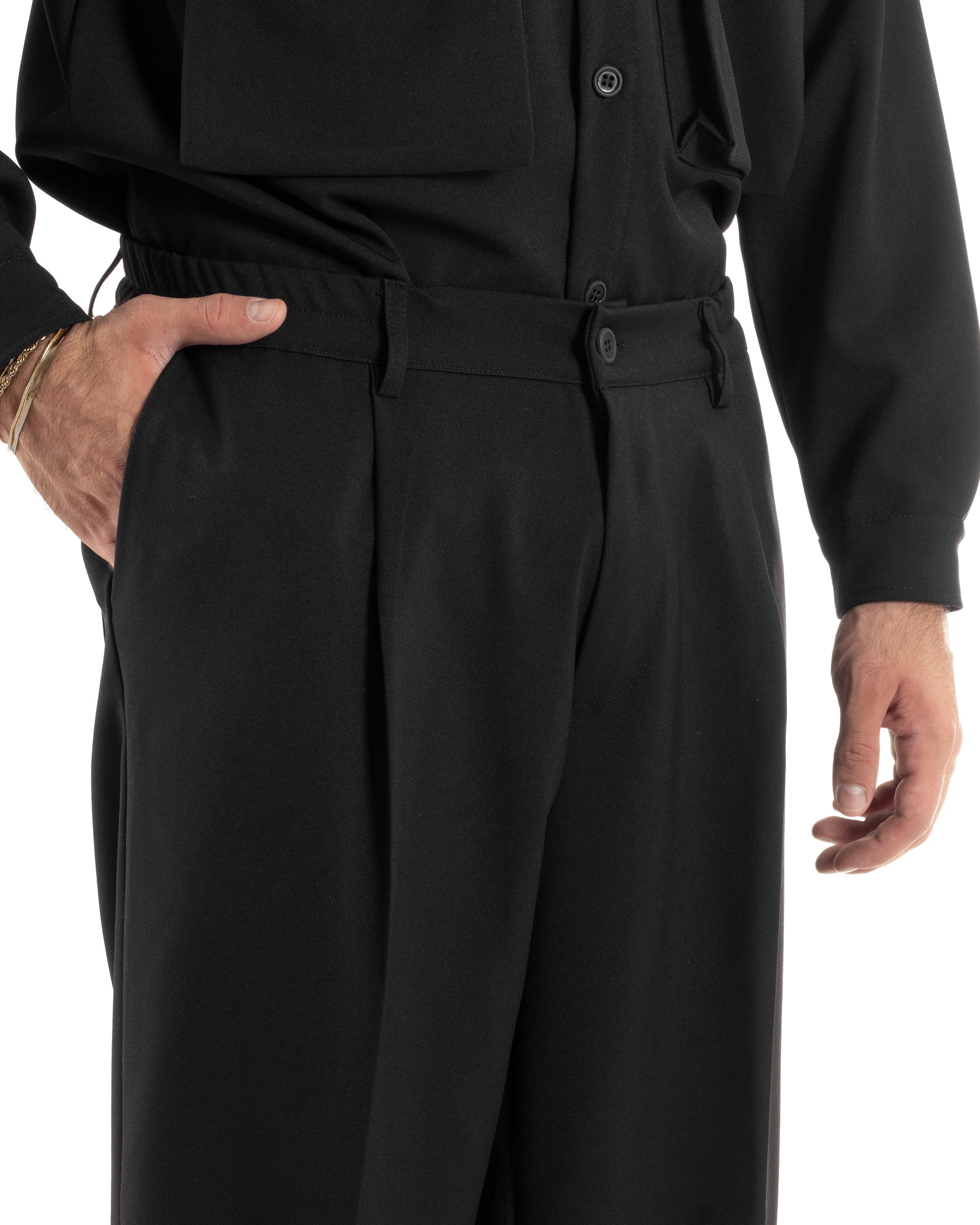 Pantaloni Uomo Viscosa Palazzo Fondo Ampio Baggy Pinces Nero P6406A