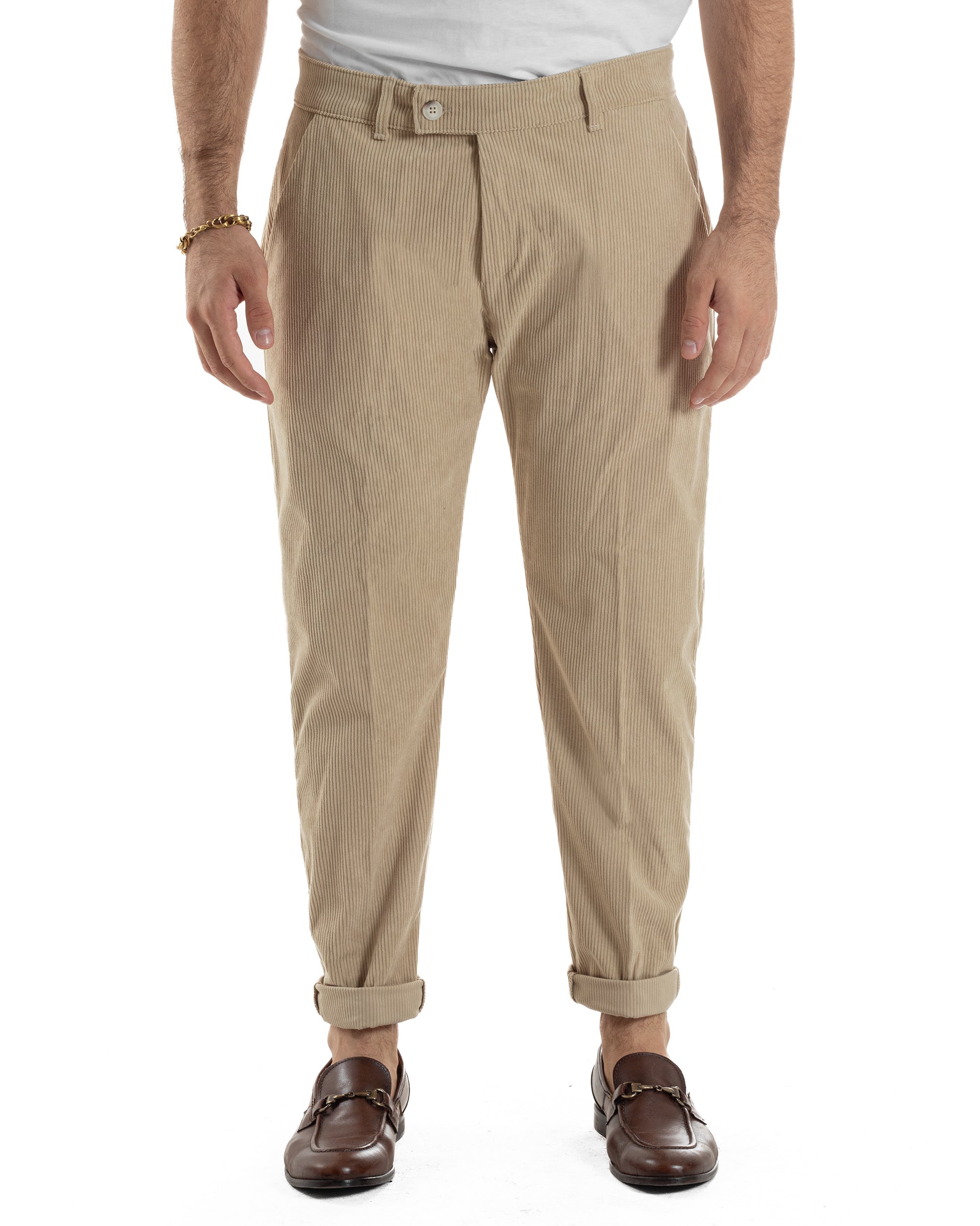 Pantaloni Uomo Velluto A Coste Abbottonatura Allungata Tasche America Beige P6407A