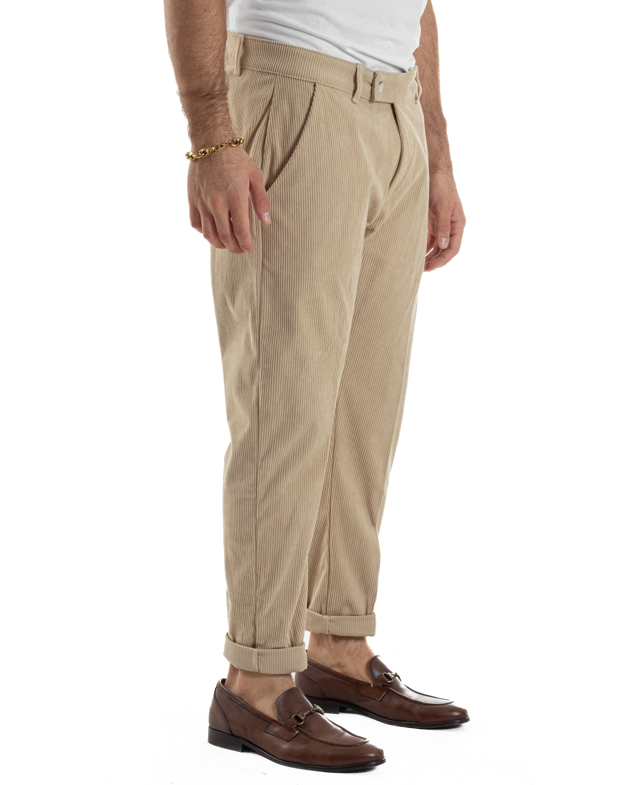 Pantaloni Uomo Velluto A Coste Abbottonatura Allungata Tasche America Beige P6407A