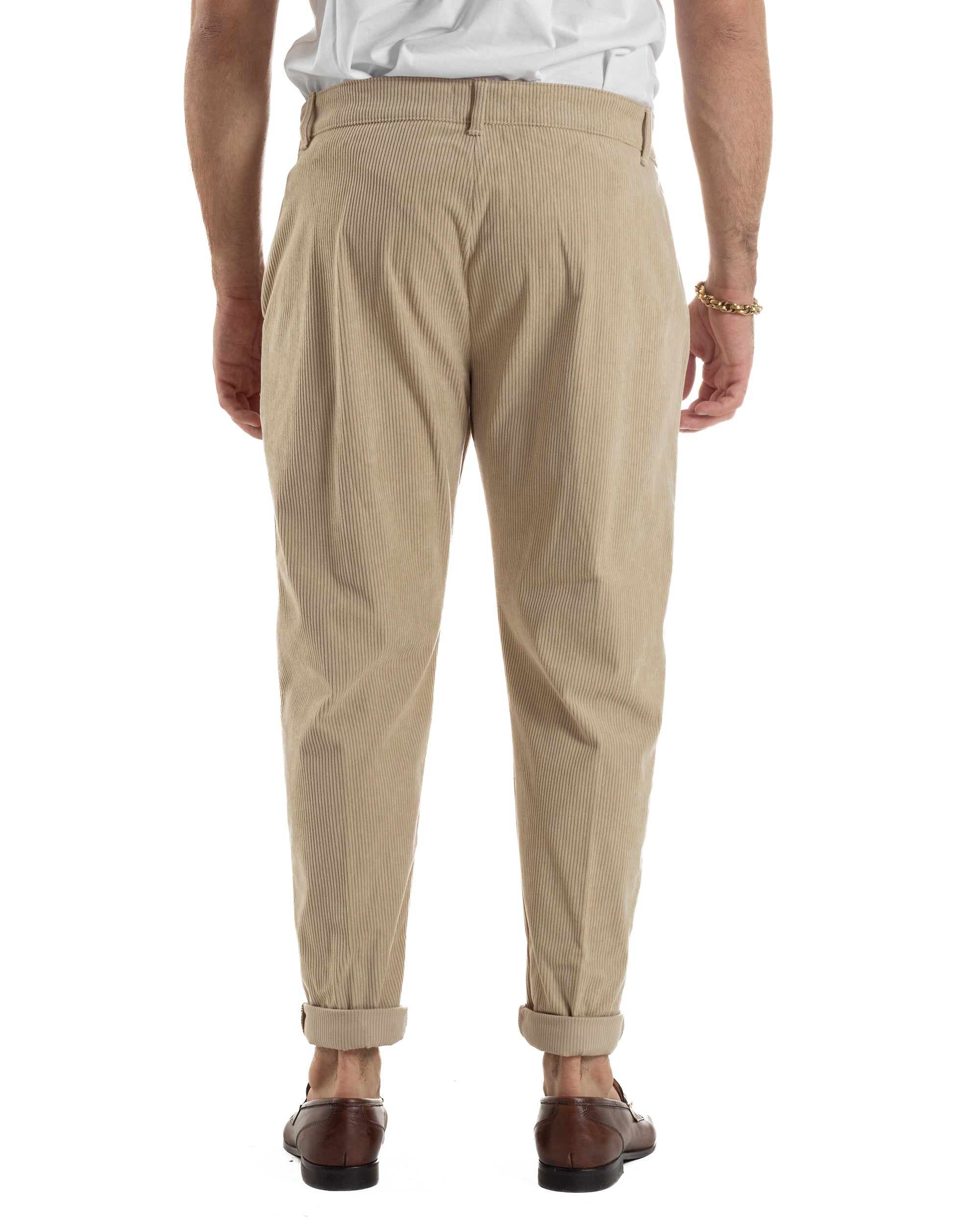 Pantaloni Uomo Velluto A Coste Abbottonatura Allungata Tasche America Beige P6407A