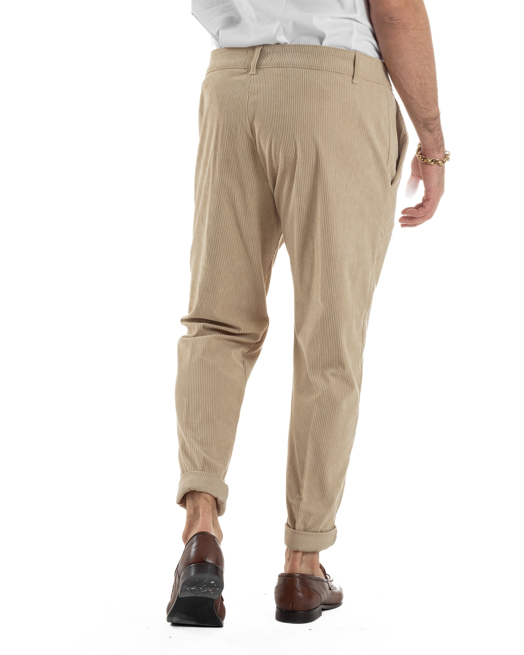 Pantaloni Uomo Velluto A Coste Abbottonatura Allungata Tasche America Beige P6407A