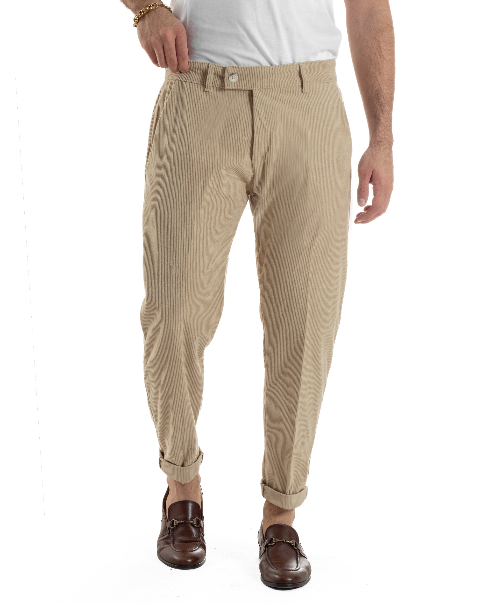Pantaloni Uomo Velluto A Coste Abbottonatura Allungata Tasche America Beige P6407A