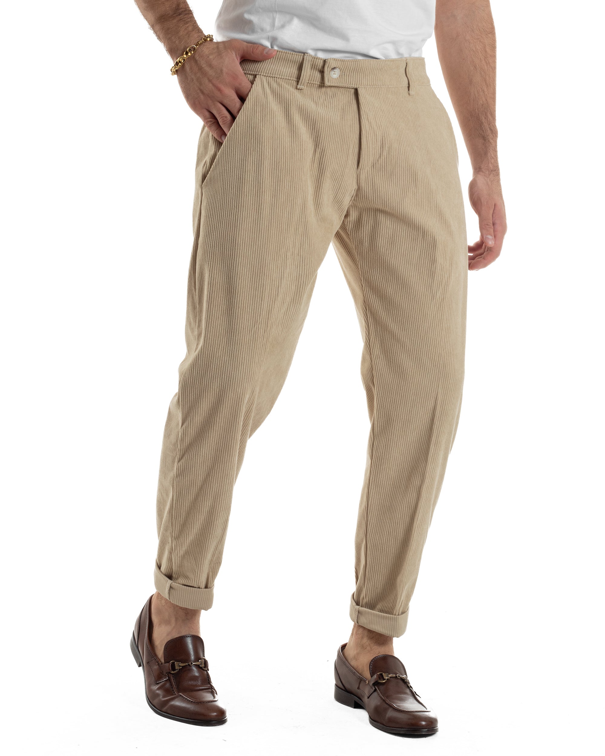 Pantaloni Uomo Velluto A Coste Abbottonatura Allungata Tasche America Beige P6407A