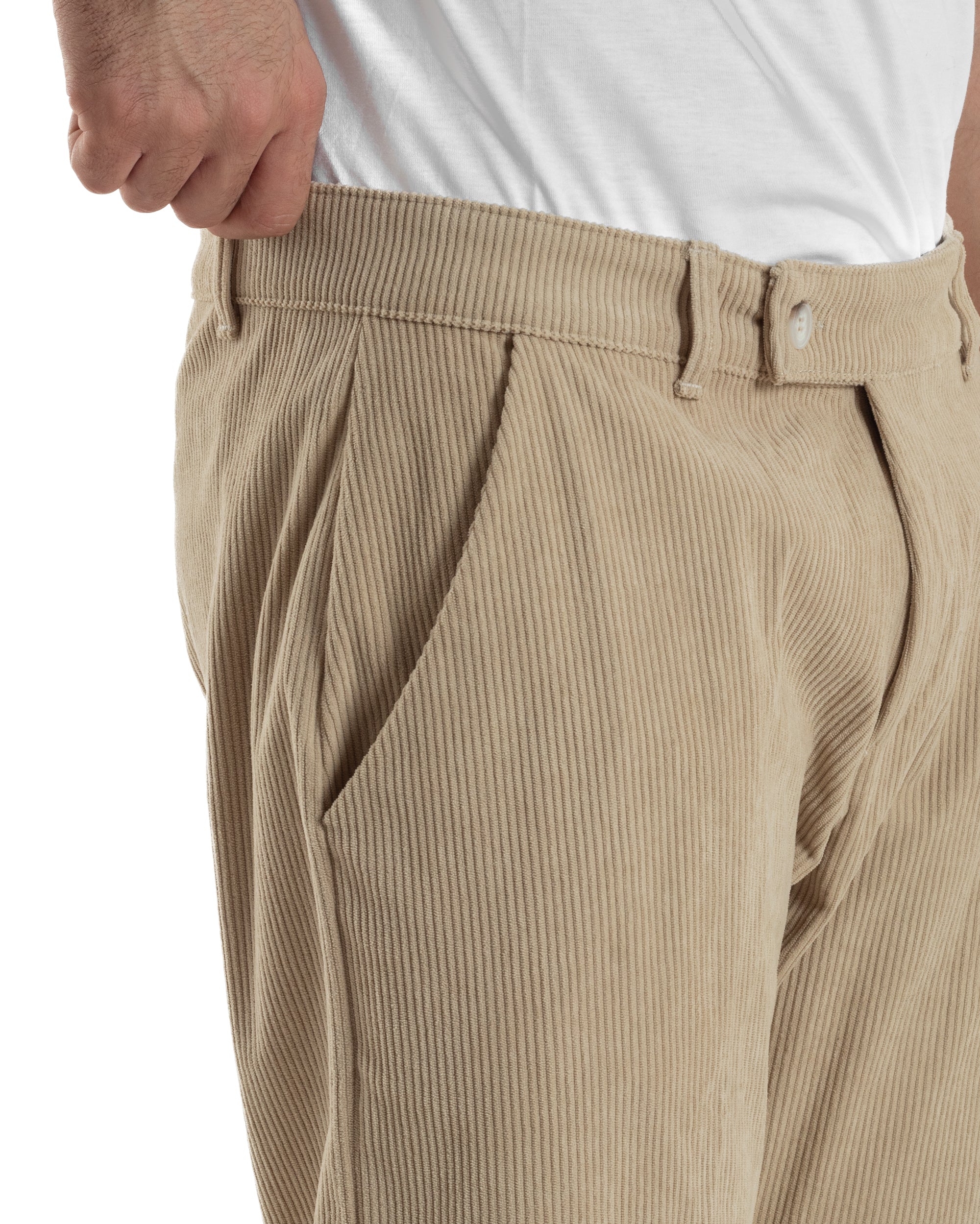 Pantaloni Uomo Velluto A Coste Abbottonatura Allungata Tasche America Beige P6407A