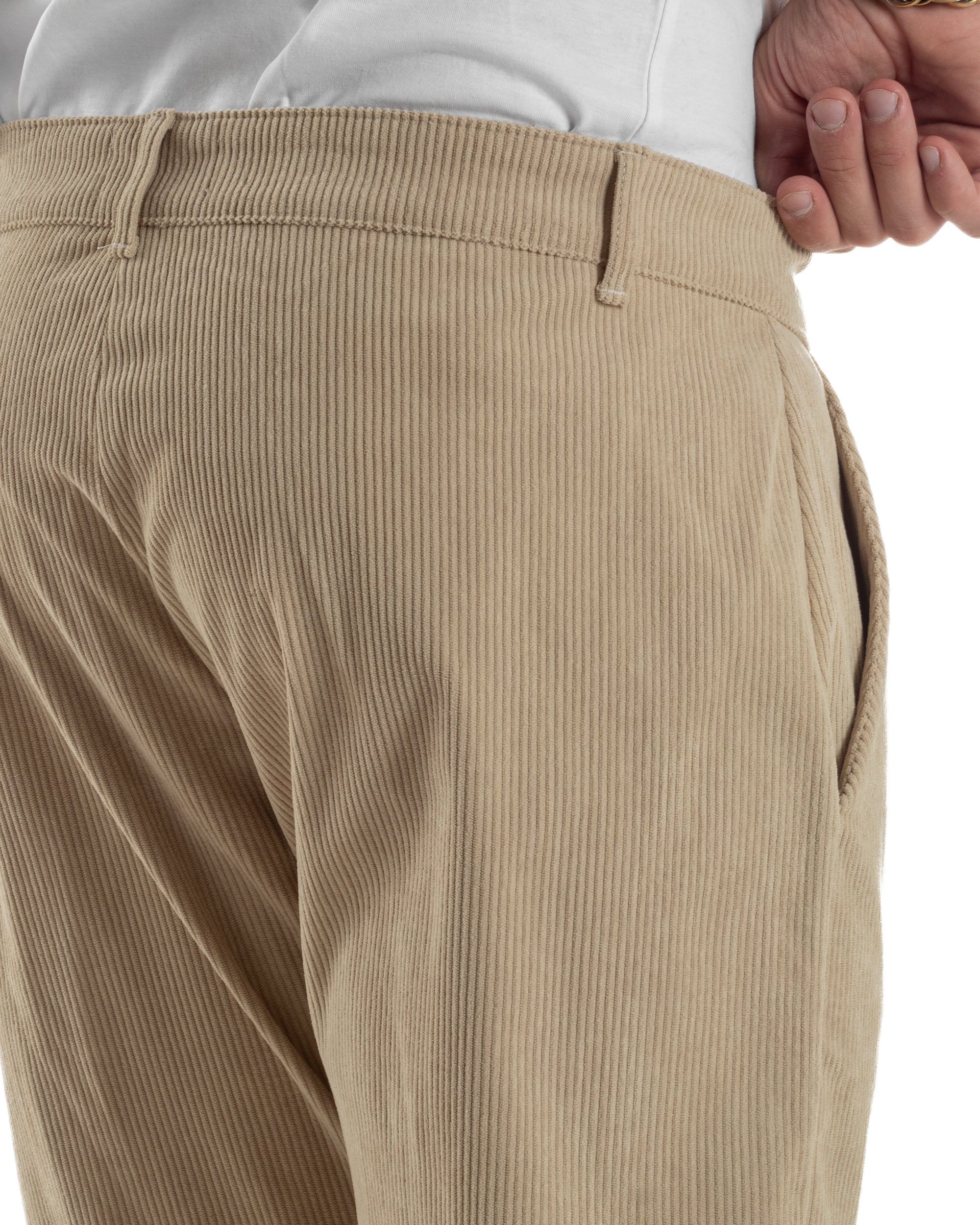 Pantaloni Uomo Velluto A Coste Abbottonatura Allungata Tasche America Beige P6407A