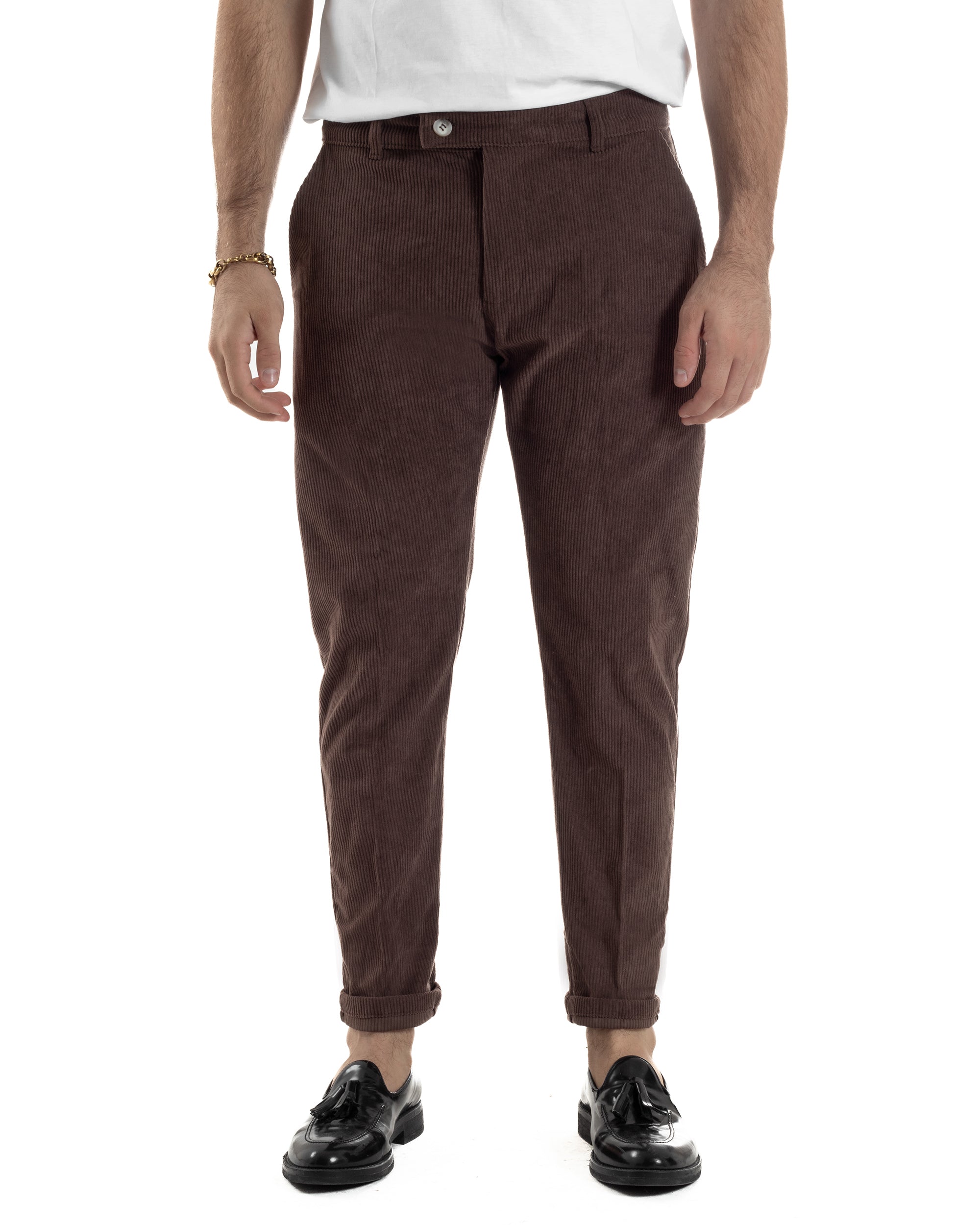 Pantaloni Uomo Velluto A Coste Abbottonatura Allungata Tasche America Marrone P6408A