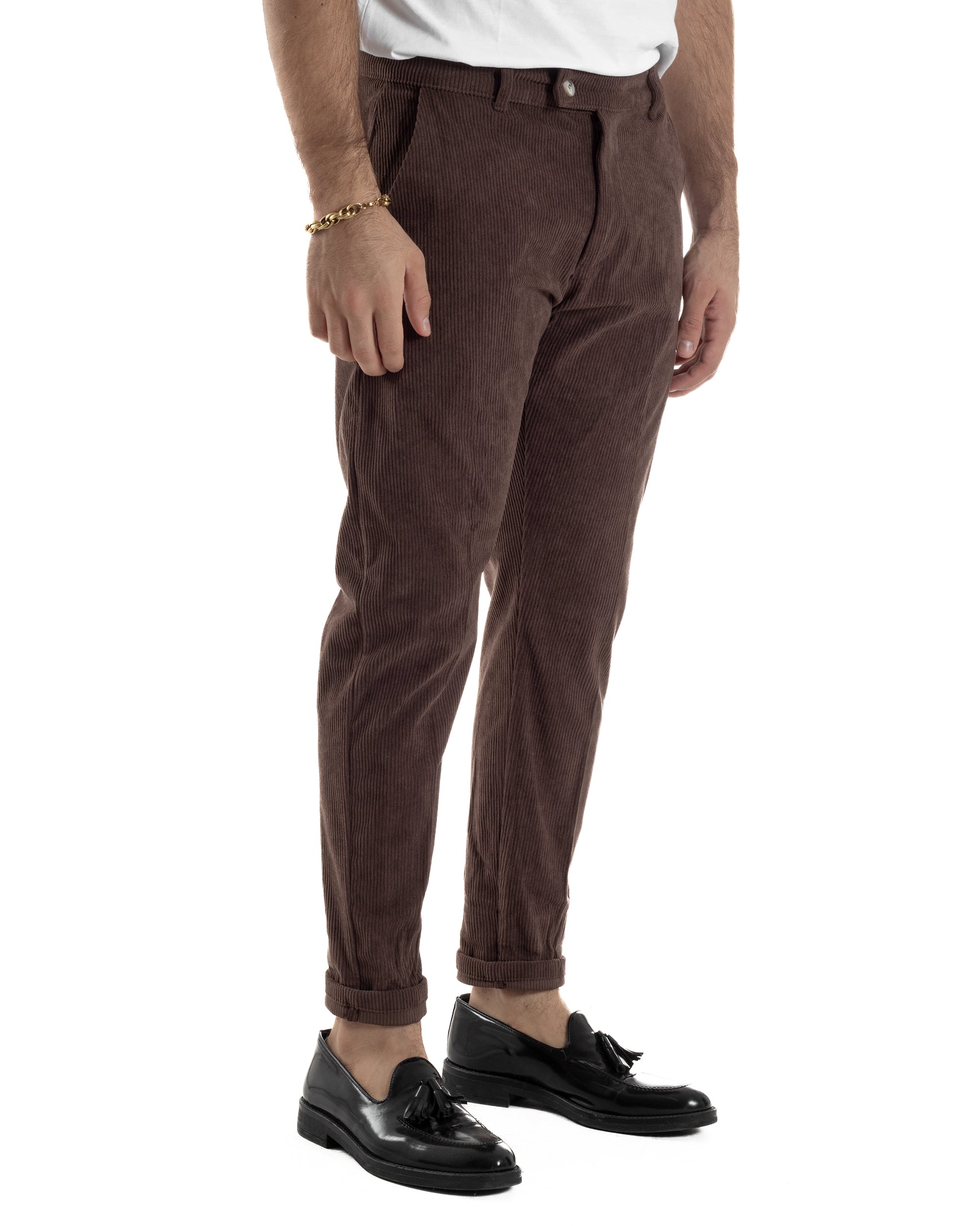 Pantaloni Uomo Velluto A Coste Abbottonatura Allungata Tasche America Marrone P6408A