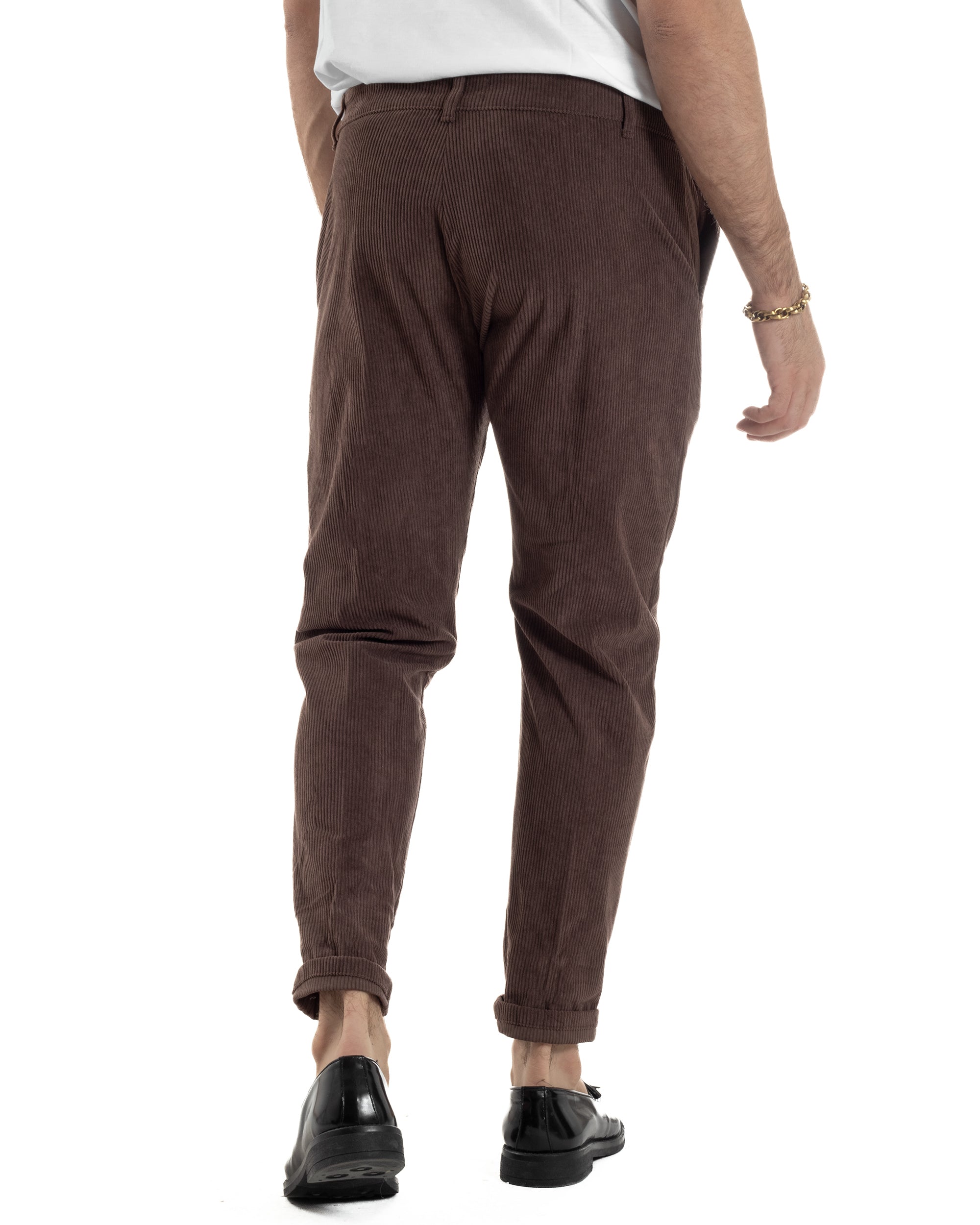 Pantaloni Uomo Velluto A Coste Abbottonatura Allungata Tasche America Marrone P6408A