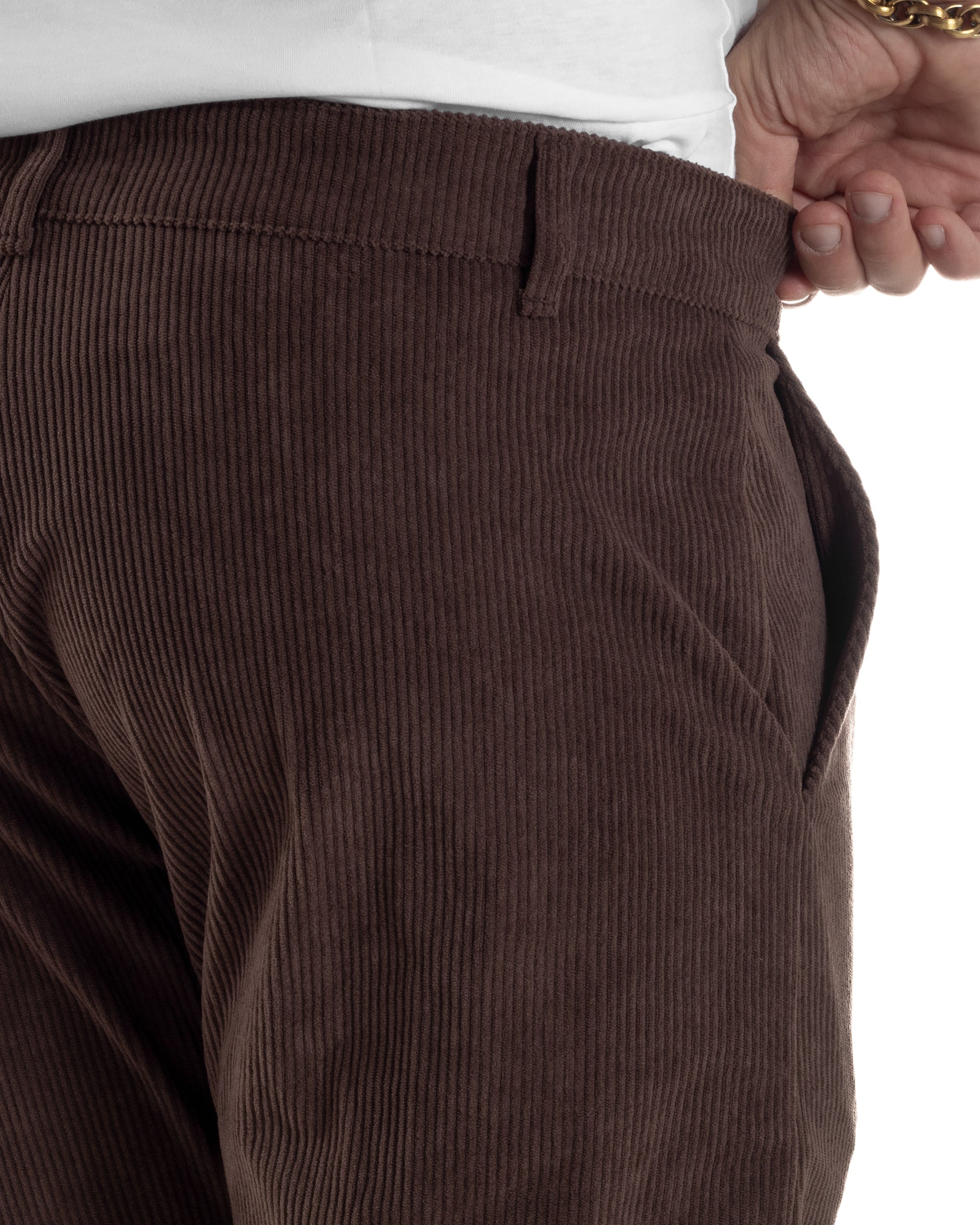 Pantaloni Uomo Velluto A Coste Abbottonatura Allungata Tasche America Marrone P6408A