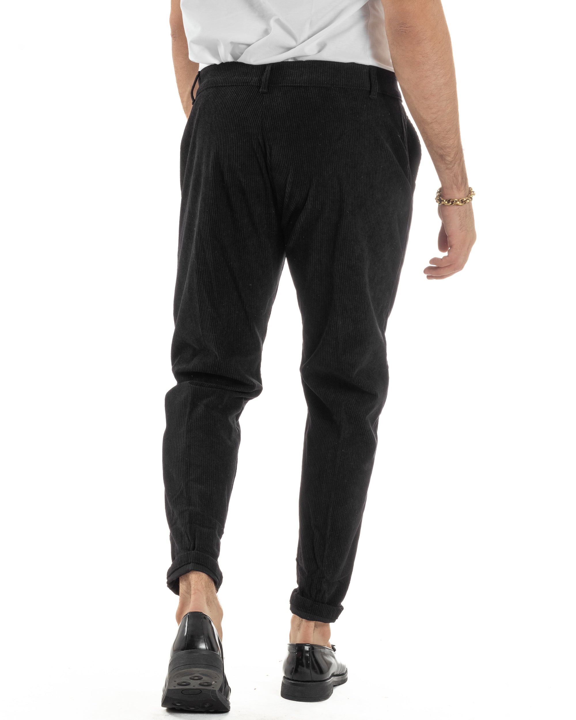Pantaloni Uomo Velluto A Coste Abbottonatura Allungata Tasche America Nero P6409A