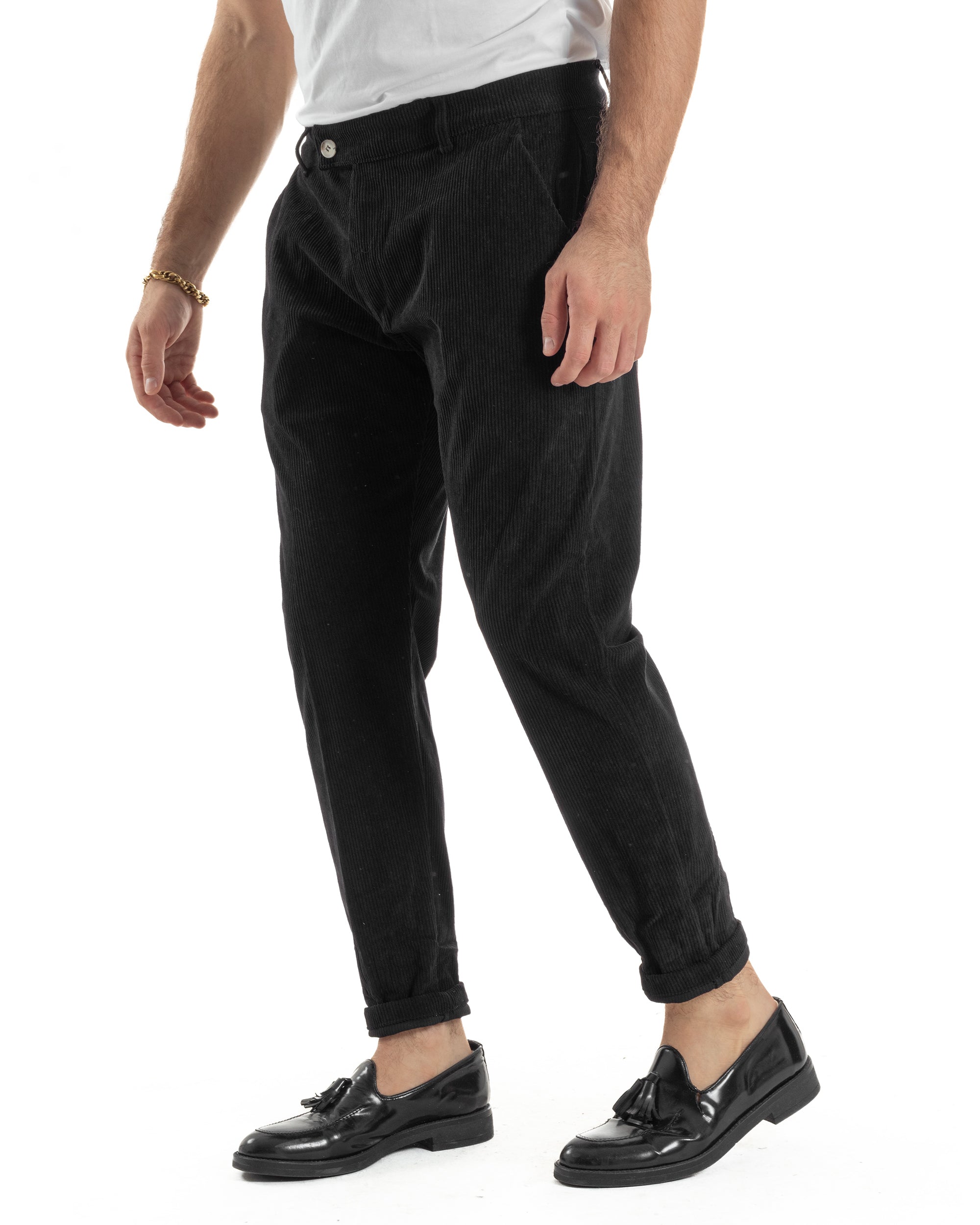 Pantaloni Uomo Velluto A Coste Abbottonatura Allungata Tasche America Nero P6409A