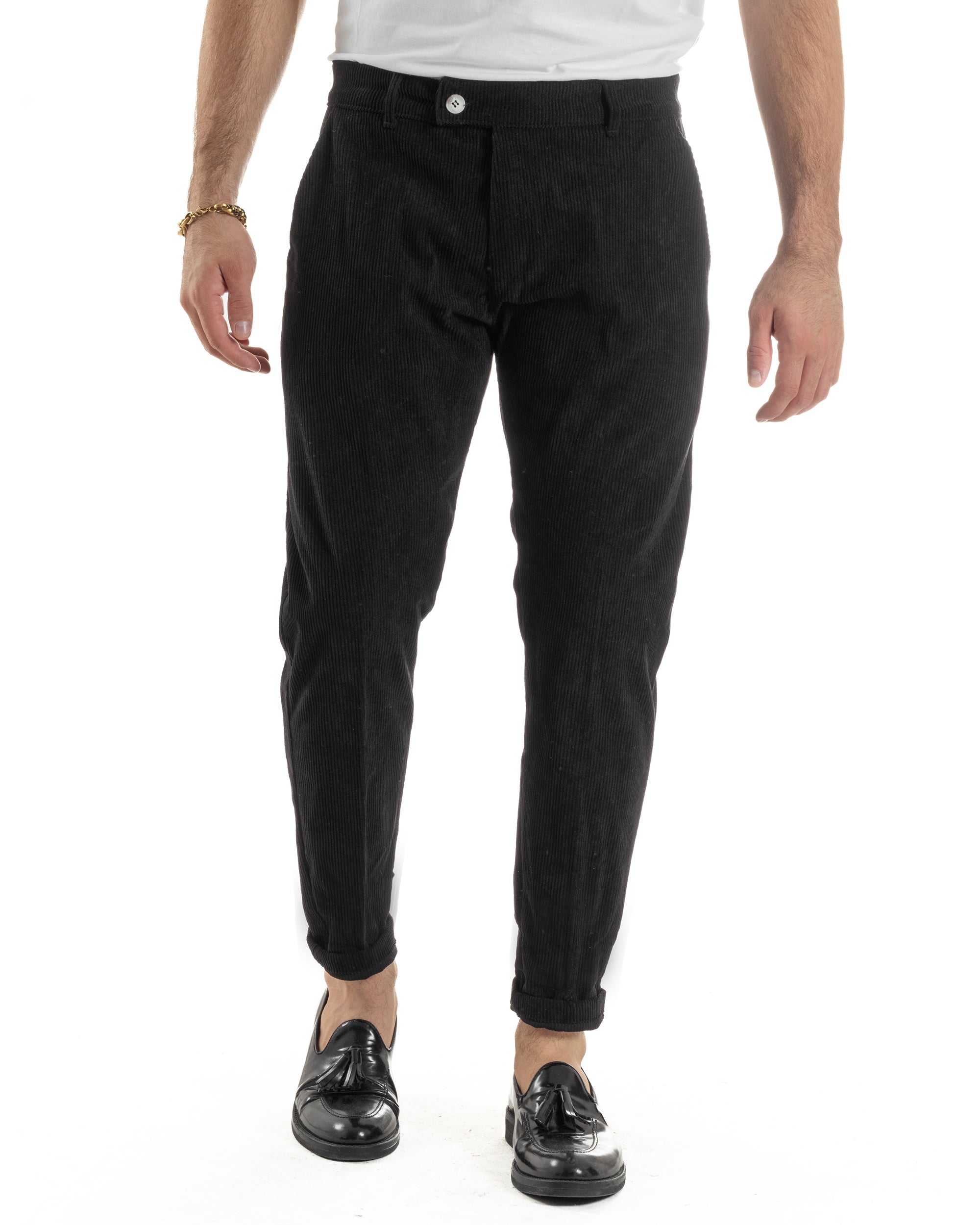 Pantaloni Uomo Velluto A Coste Abbottonatura Allungata Tasche America Nero P6409A