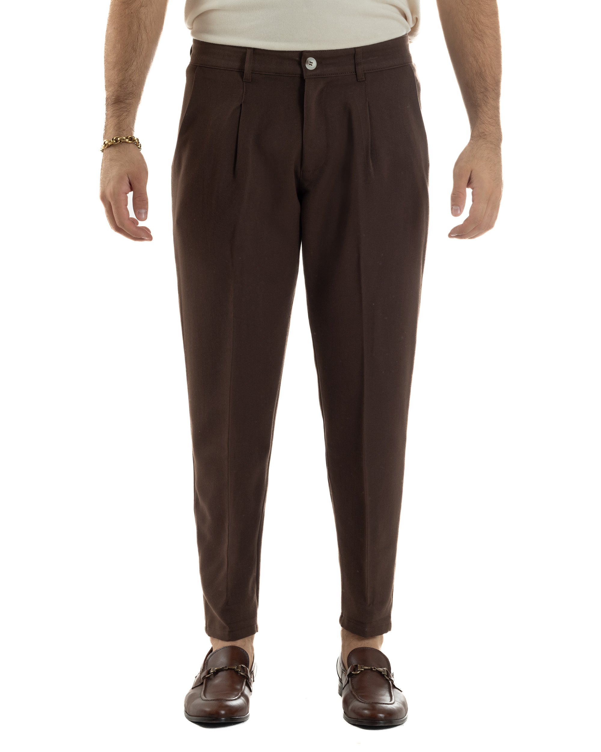 Pantaloni Uomo Viscosa Capri Casual Classico Tasche America Pinces Marrone P6410A